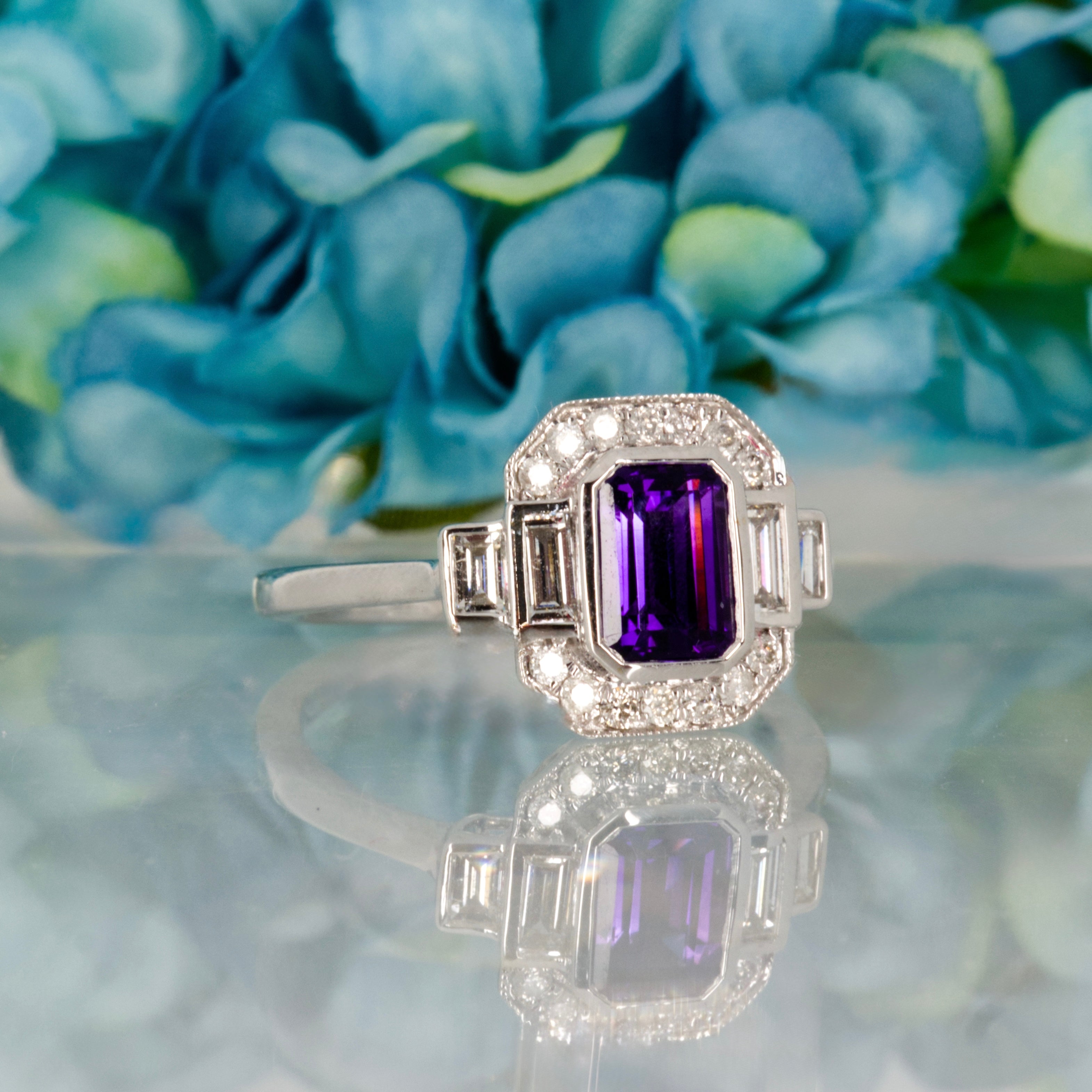 9ct White Gold Octagonal Cut Amethyst & Diamond Cluster Ring