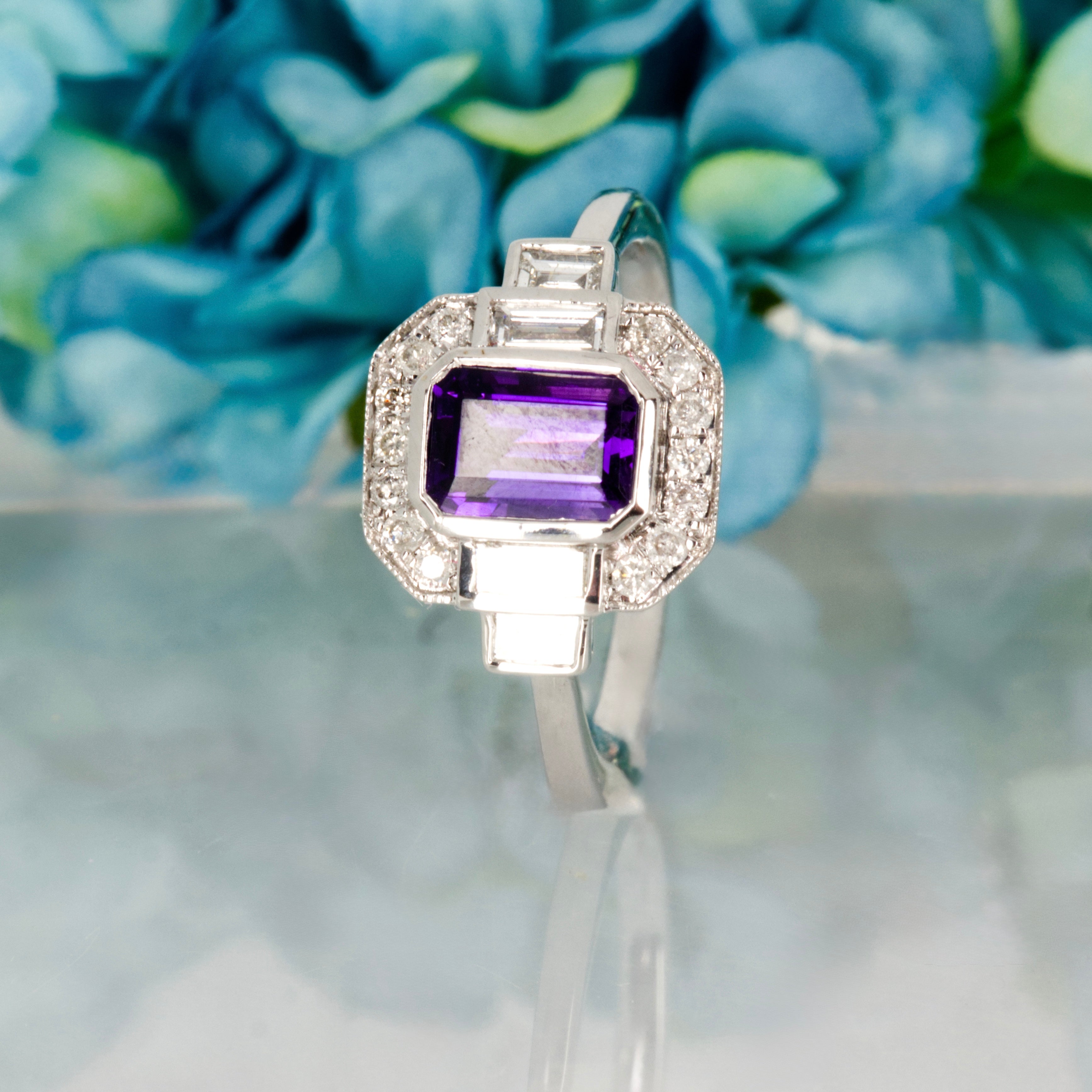 9ct White Gold Octagonal Cut Amethyst & Diamond Cluster Ring