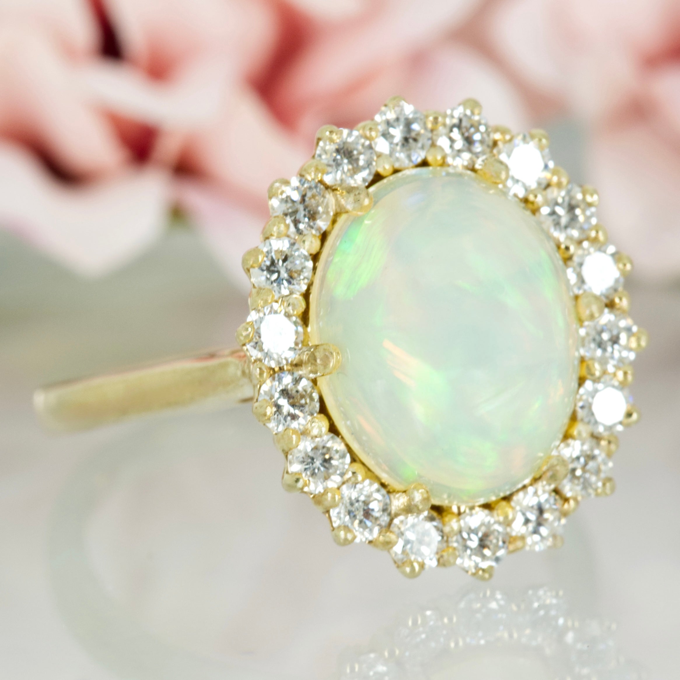 9ct Yellow Gold Oval Cabochon Opal & Round Brilliant Cut Diamond Cluster Ring