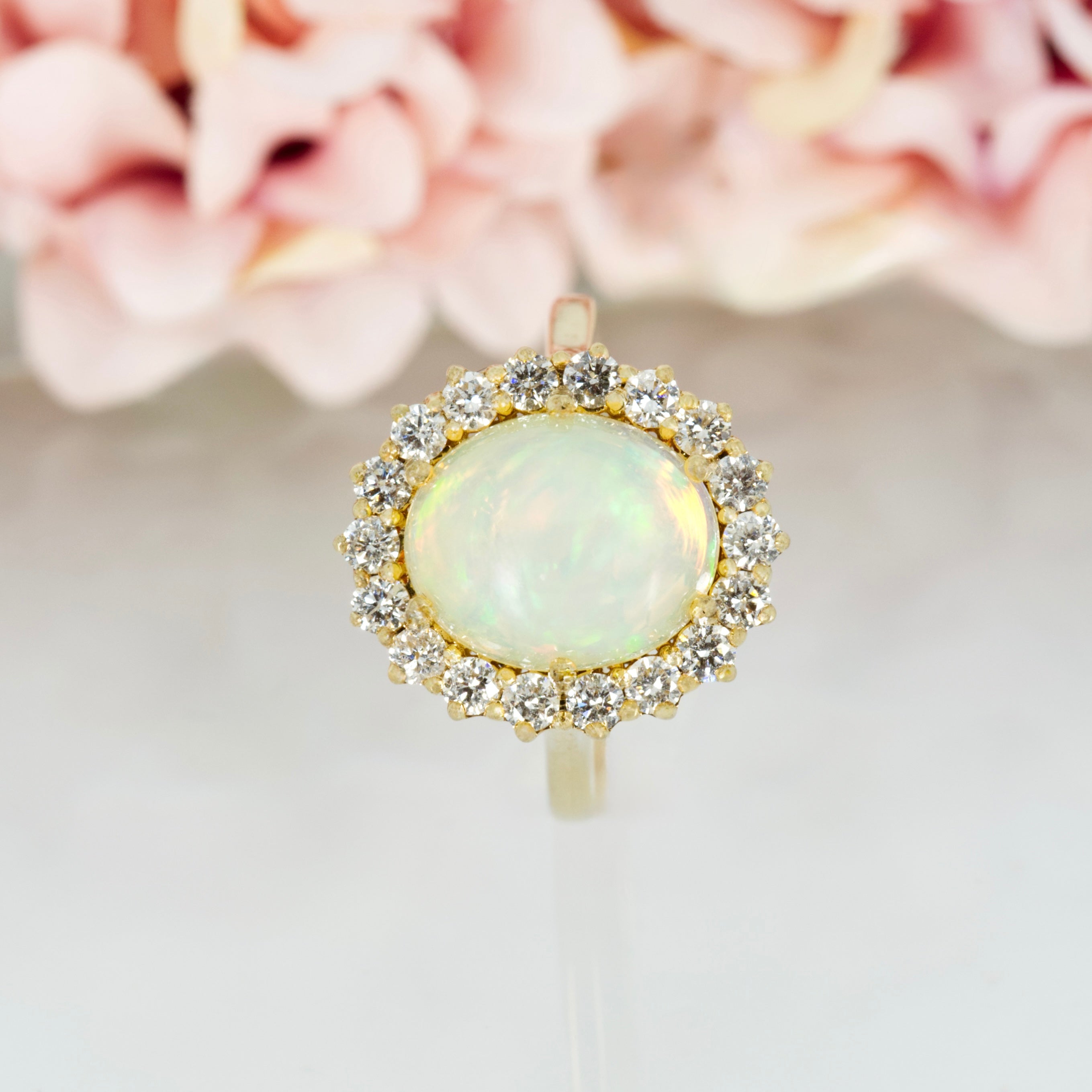 9ct Yellow Gold Oval Cabochon Opal & Round Brilliant Cut Diamond Cluster Ring