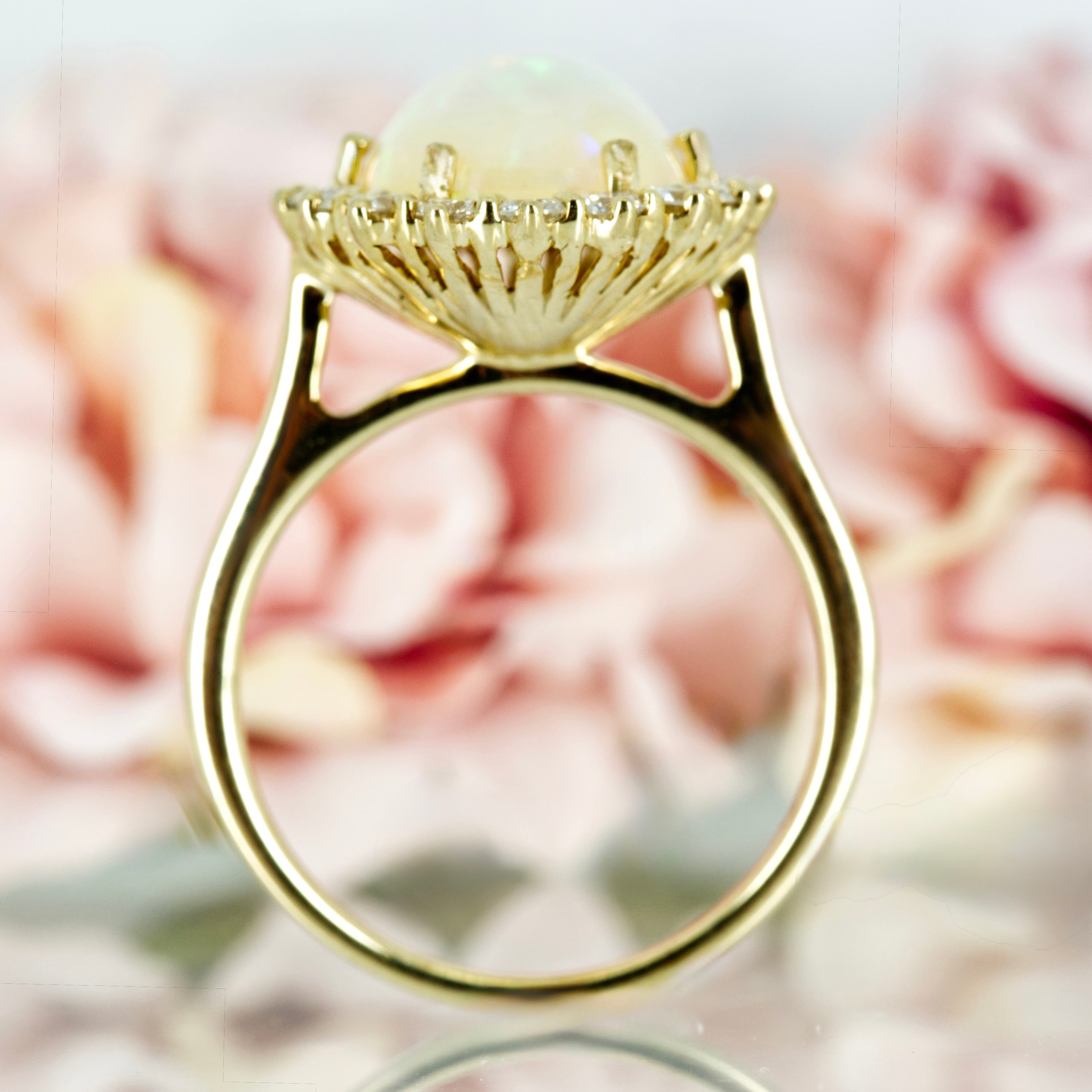 9ct Yellow Gold Oval Cabochon Opal & Round Brilliant Cut Diamond Cluster Ring