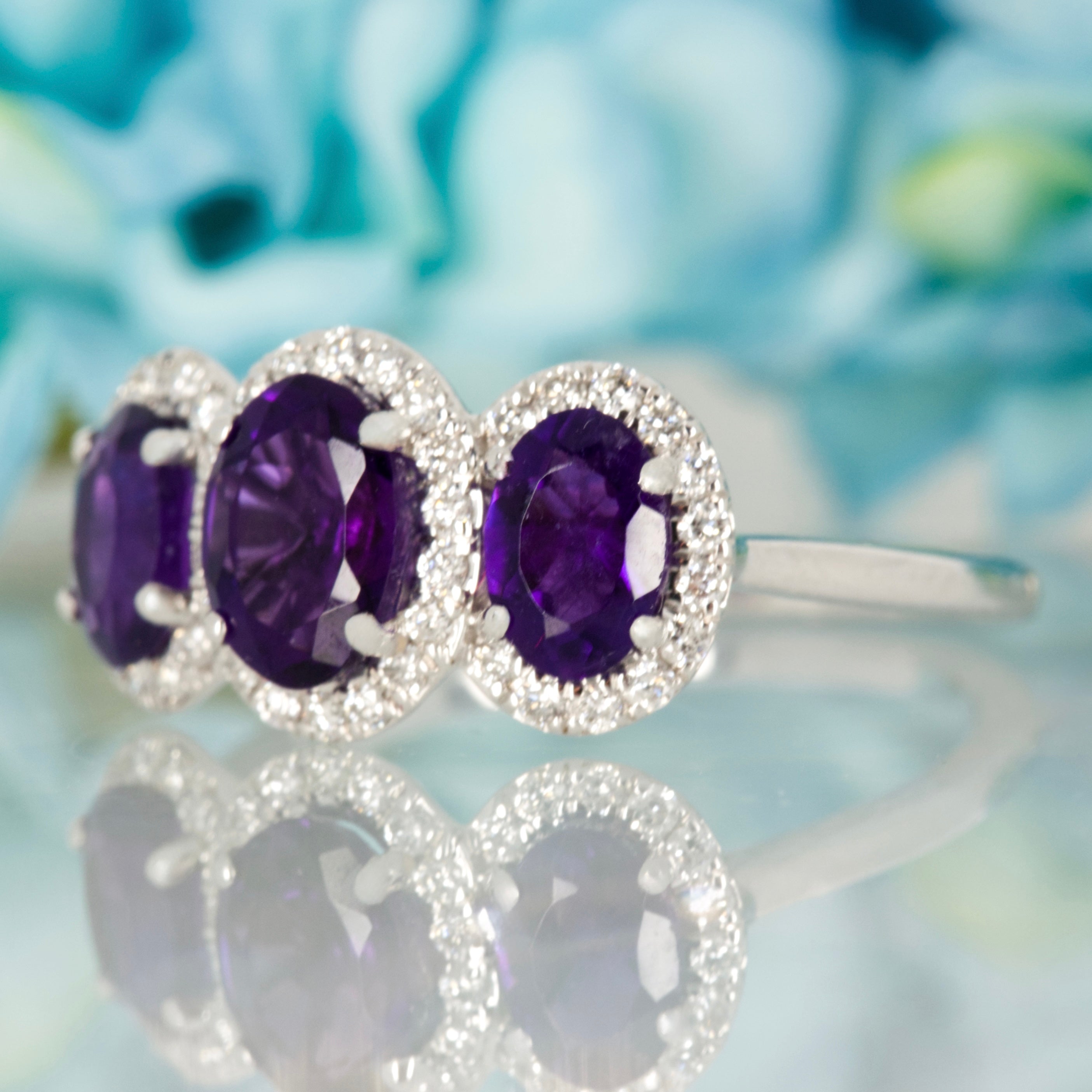 9ct White Gold Oval Cut Amethyst & Round Brilliant Cut Diamond Triple Halo Cluster Ring