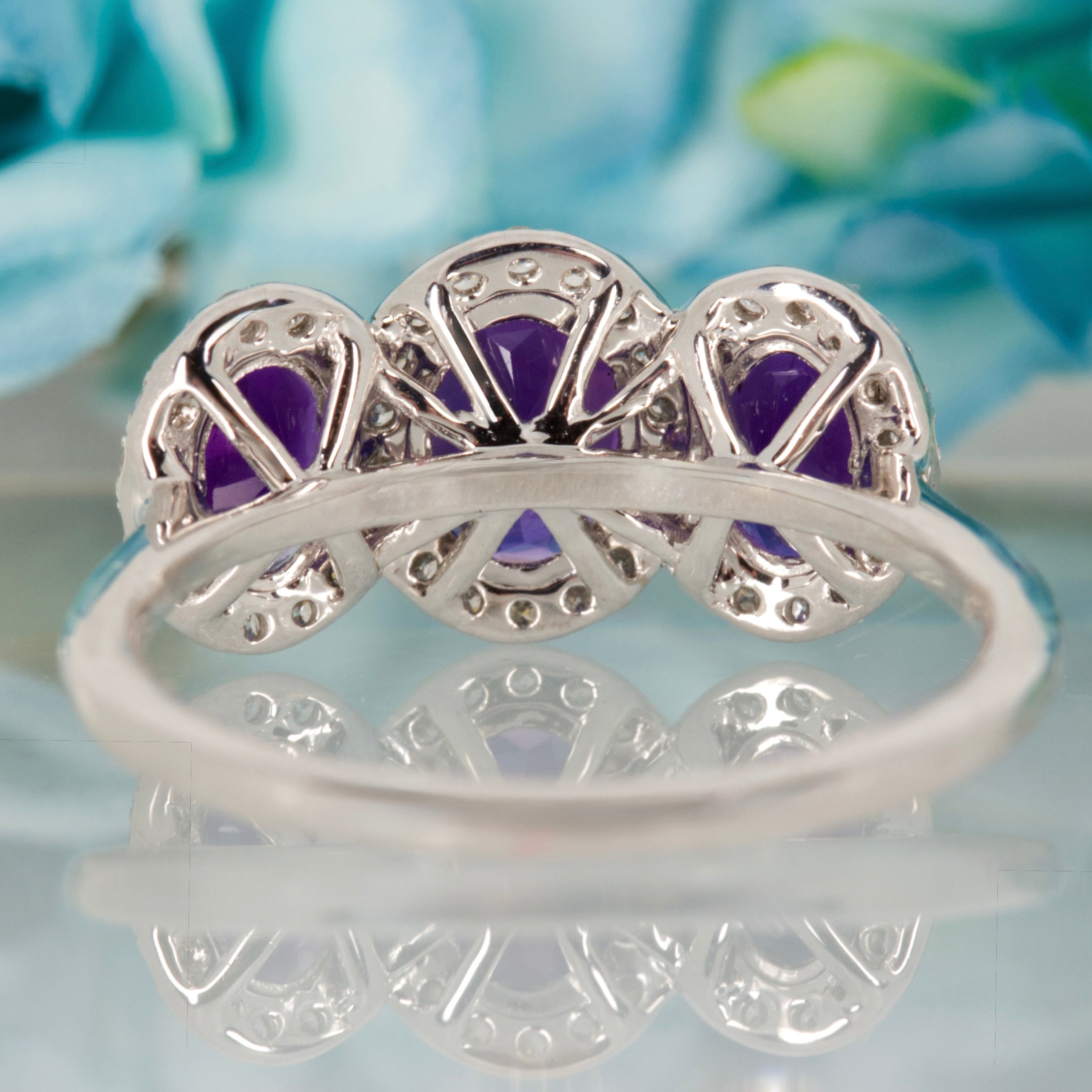 9ct White Gold Oval Cut Amethyst & Round Brilliant Cut Diamond Triple Halo Cluster Ring