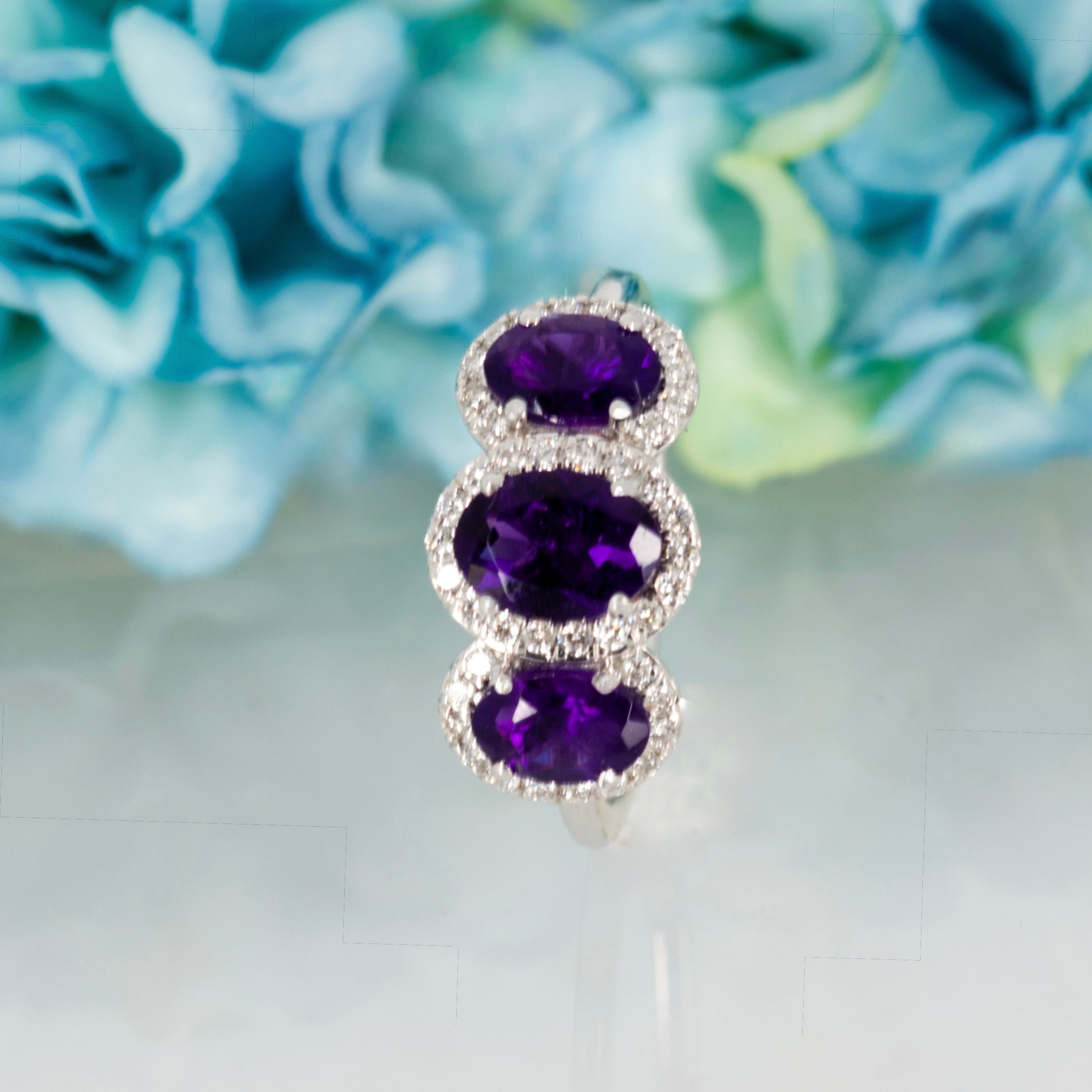 9ct White Gold Oval Cut Amethyst & Round Brilliant Cut Diamond Triple Halo Cluster Ring