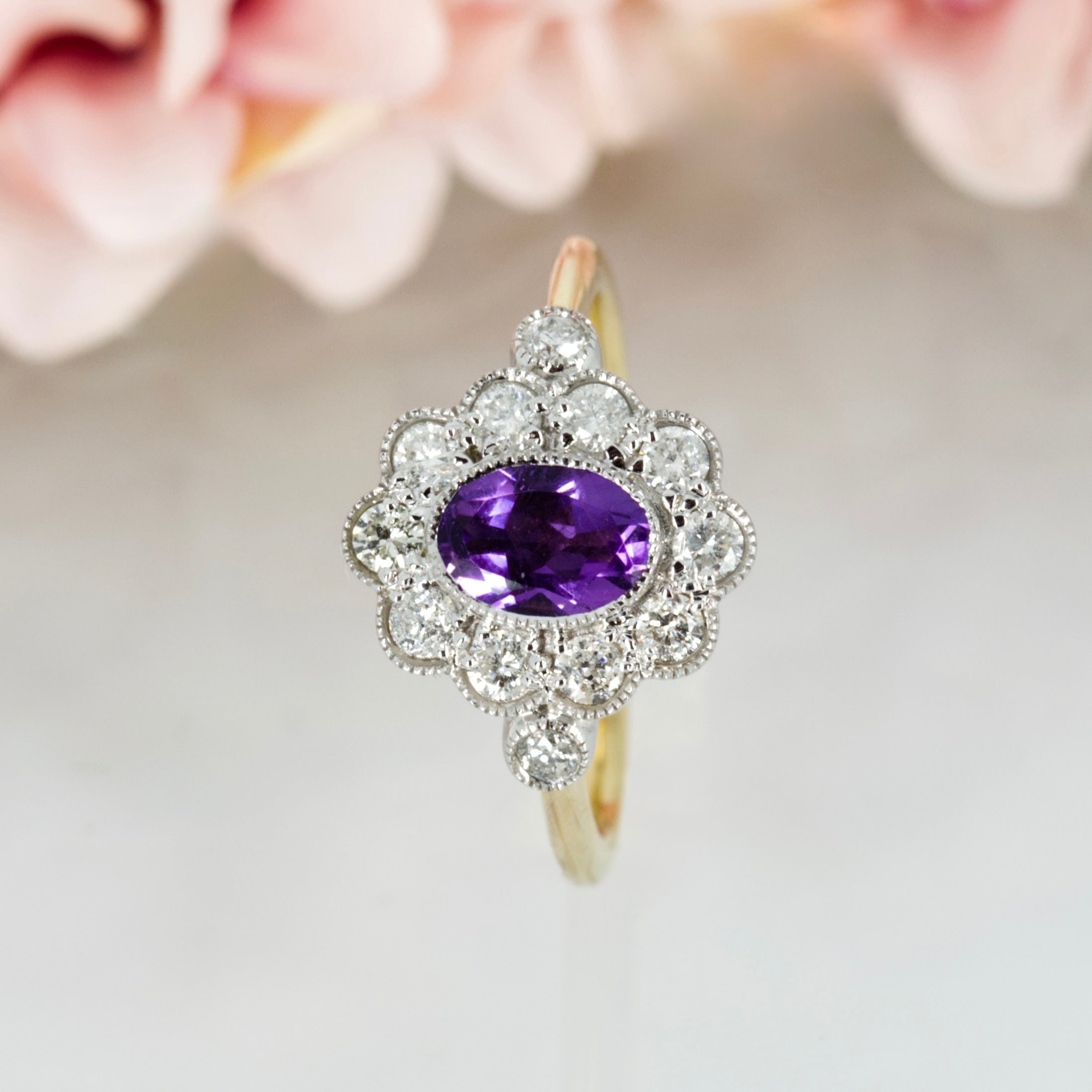 9ct Yellow Gold Oval Cut Amethyst & Round Brilliant Cut Diamond Cluster Ring