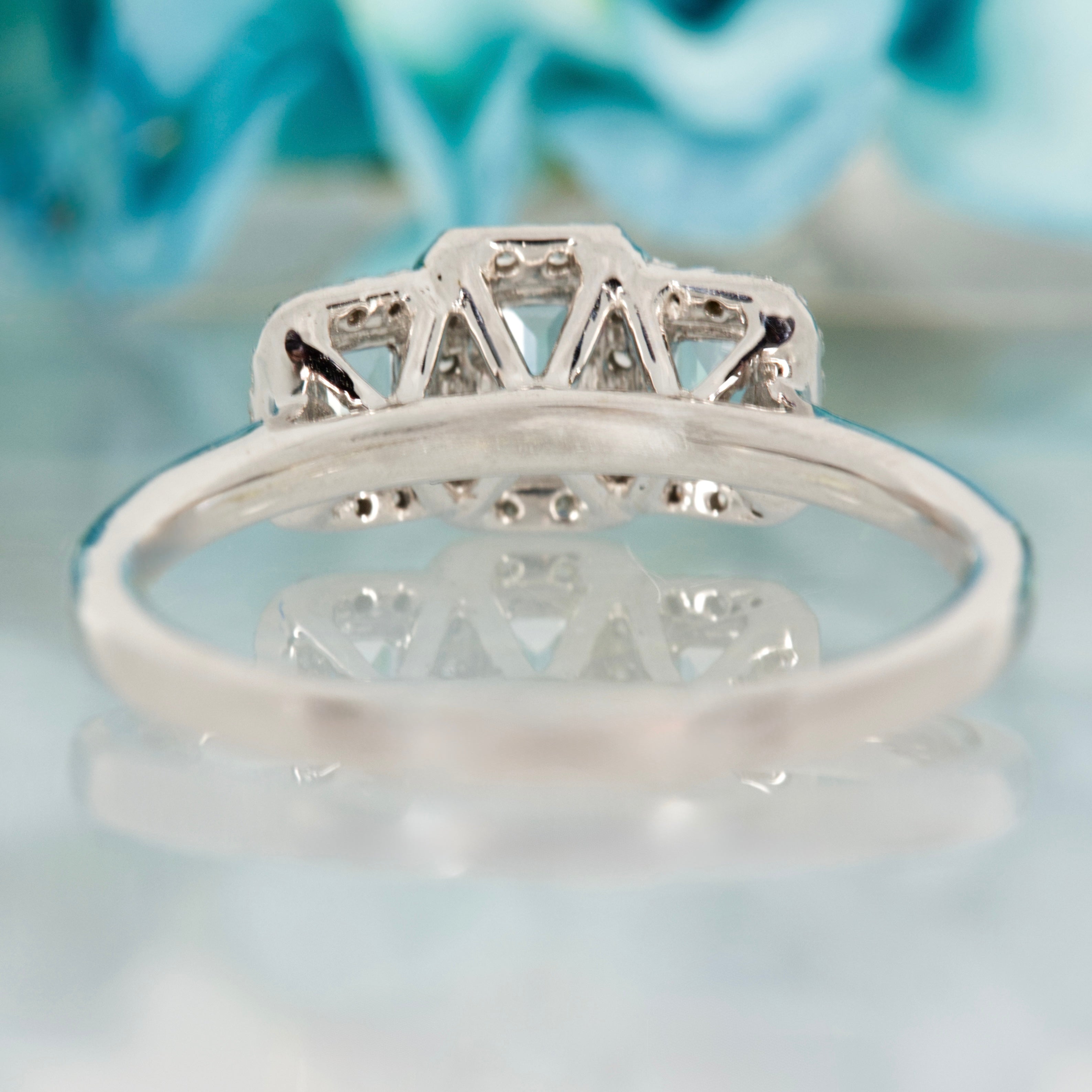 9ct White Gold Octagonal Cut Aquamarine & Round Brilliant Cut Diamond Triple Cluster Ring