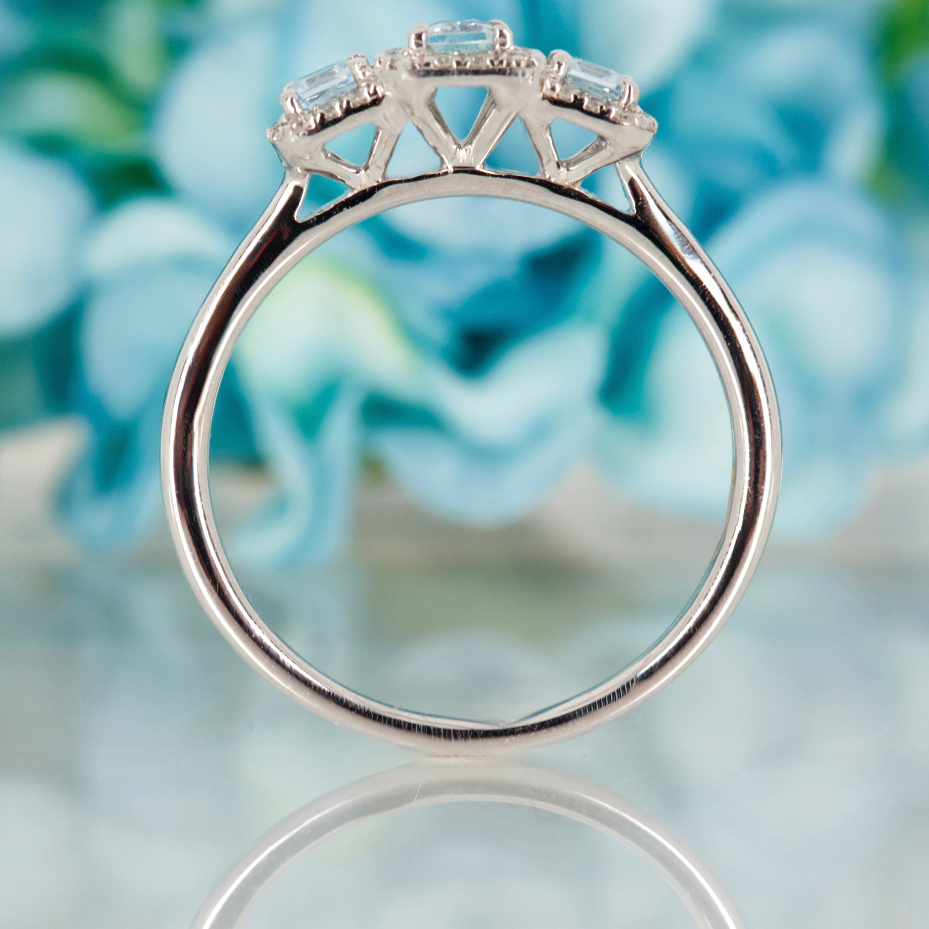 9ct White Gold Octagonal Cut Aquamarine & Round Brilliant Cut Diamond Triple Cluster Ring