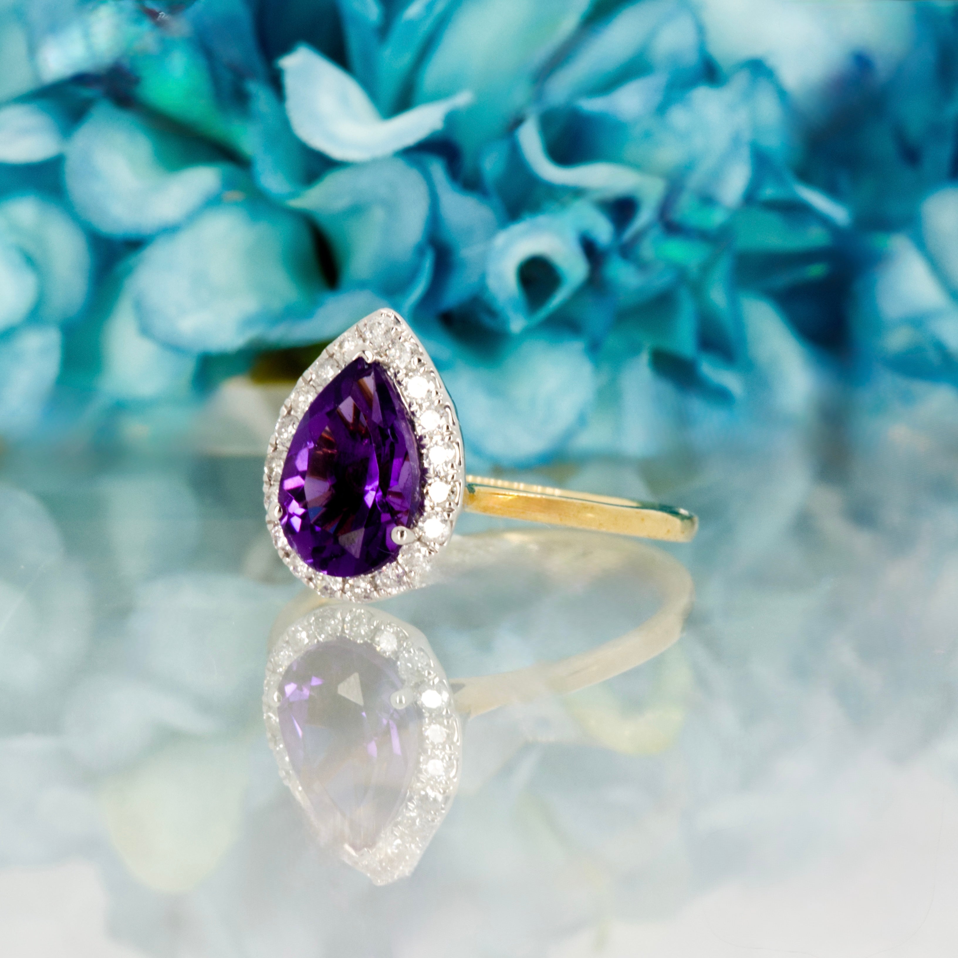 9ct Yellow Gold Pear Cut Amethyst & Round Brilliant Cut Diamond Halo Cluster Ring