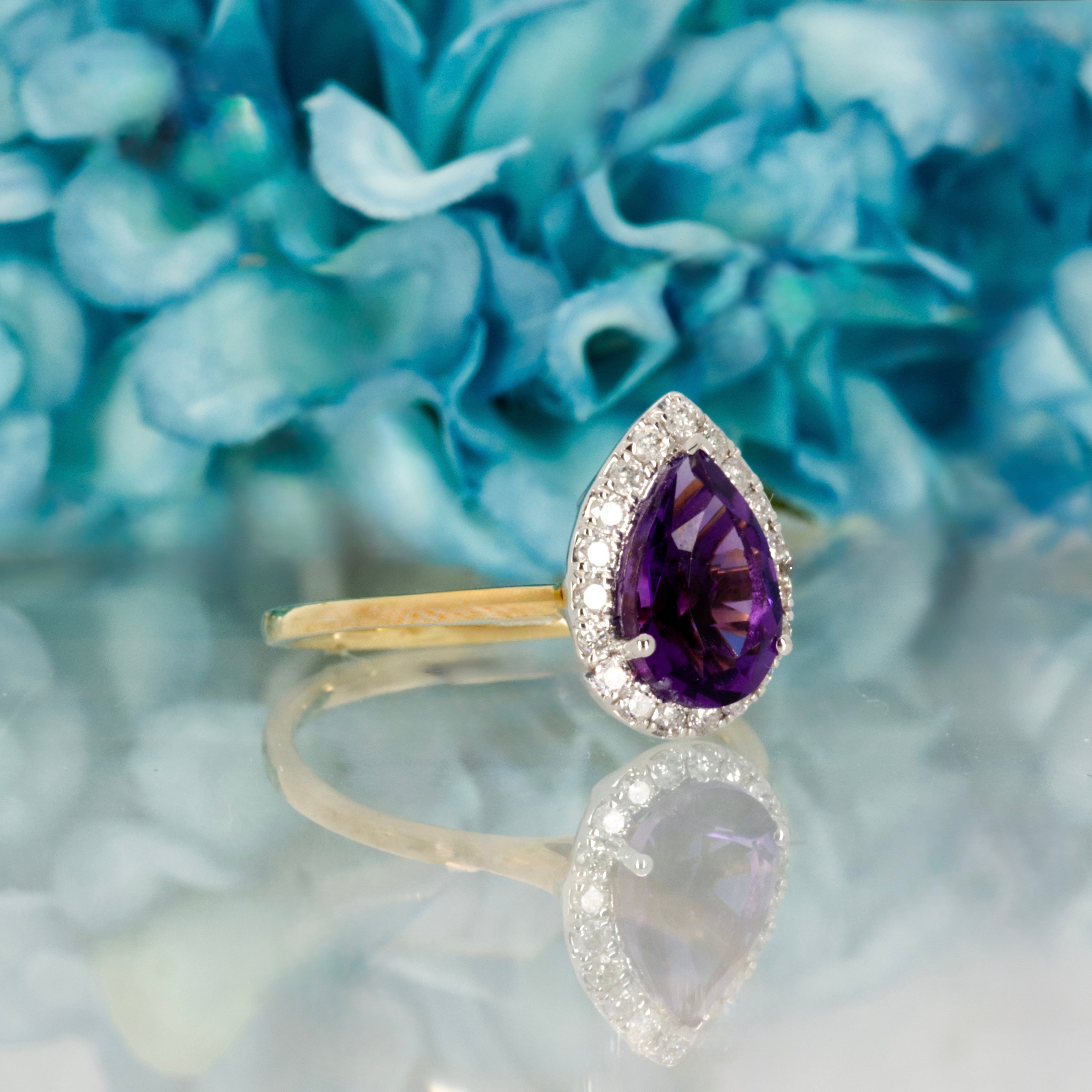 9ct Yellow Gold Pear Cut Amethyst & Round Brilliant Cut Diamond Halo Cluster Ring