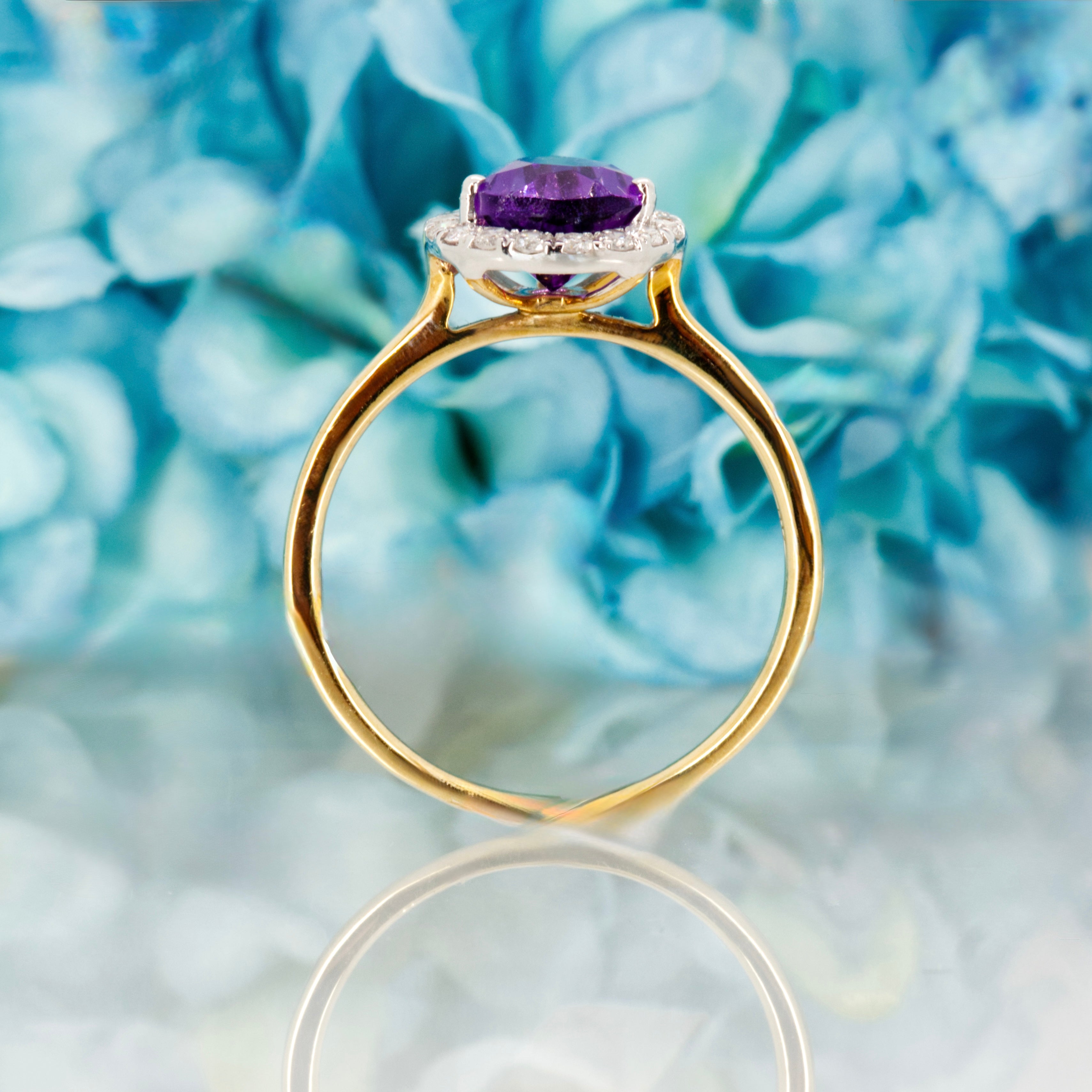 9ct Yellow Gold Pear Cut Amethyst & Round Brilliant Cut Diamond Halo Cluster Ring