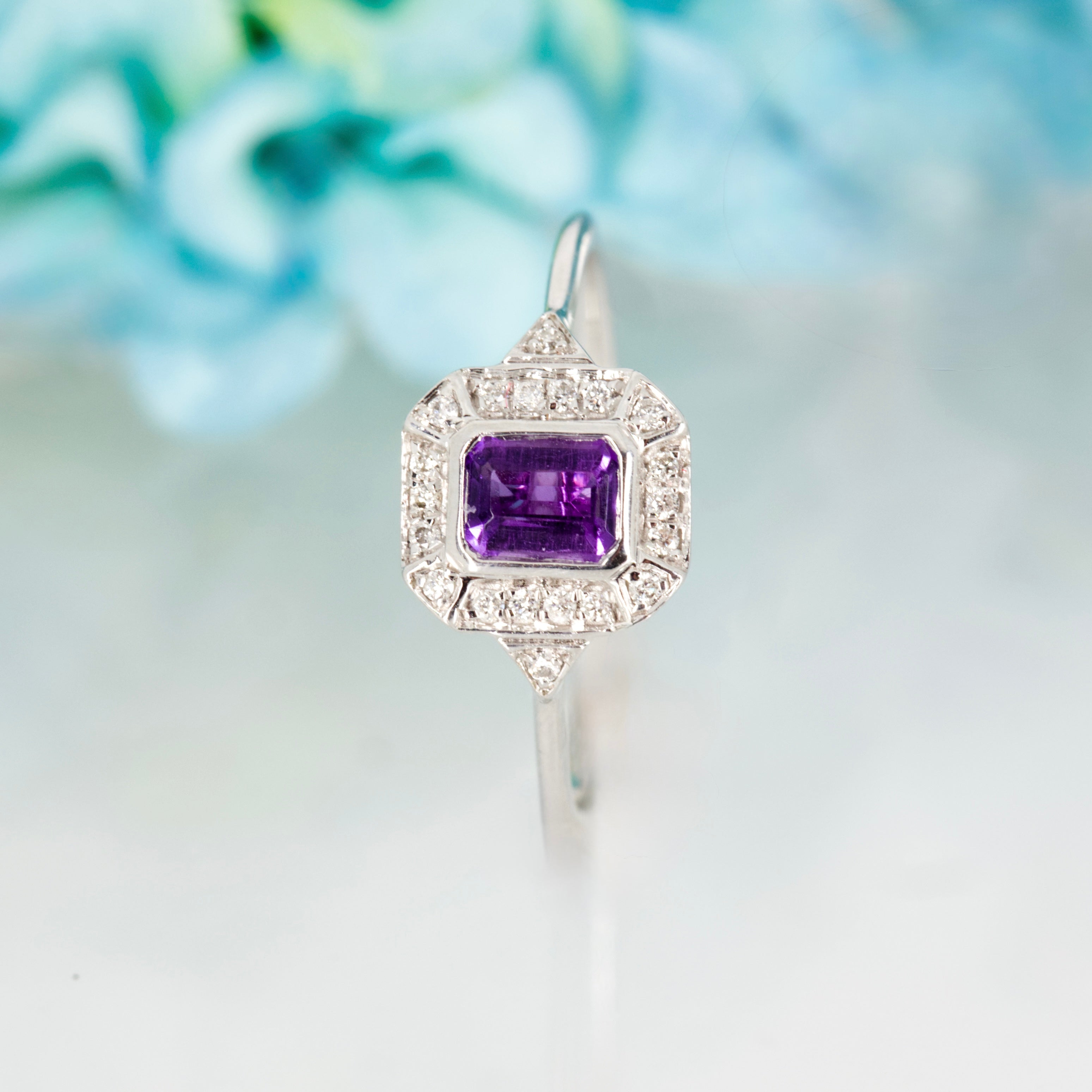 9ct White Gold Octagonal Cut Amethyst & Round Brilliant Cut Diamond Halo Cluster Ring