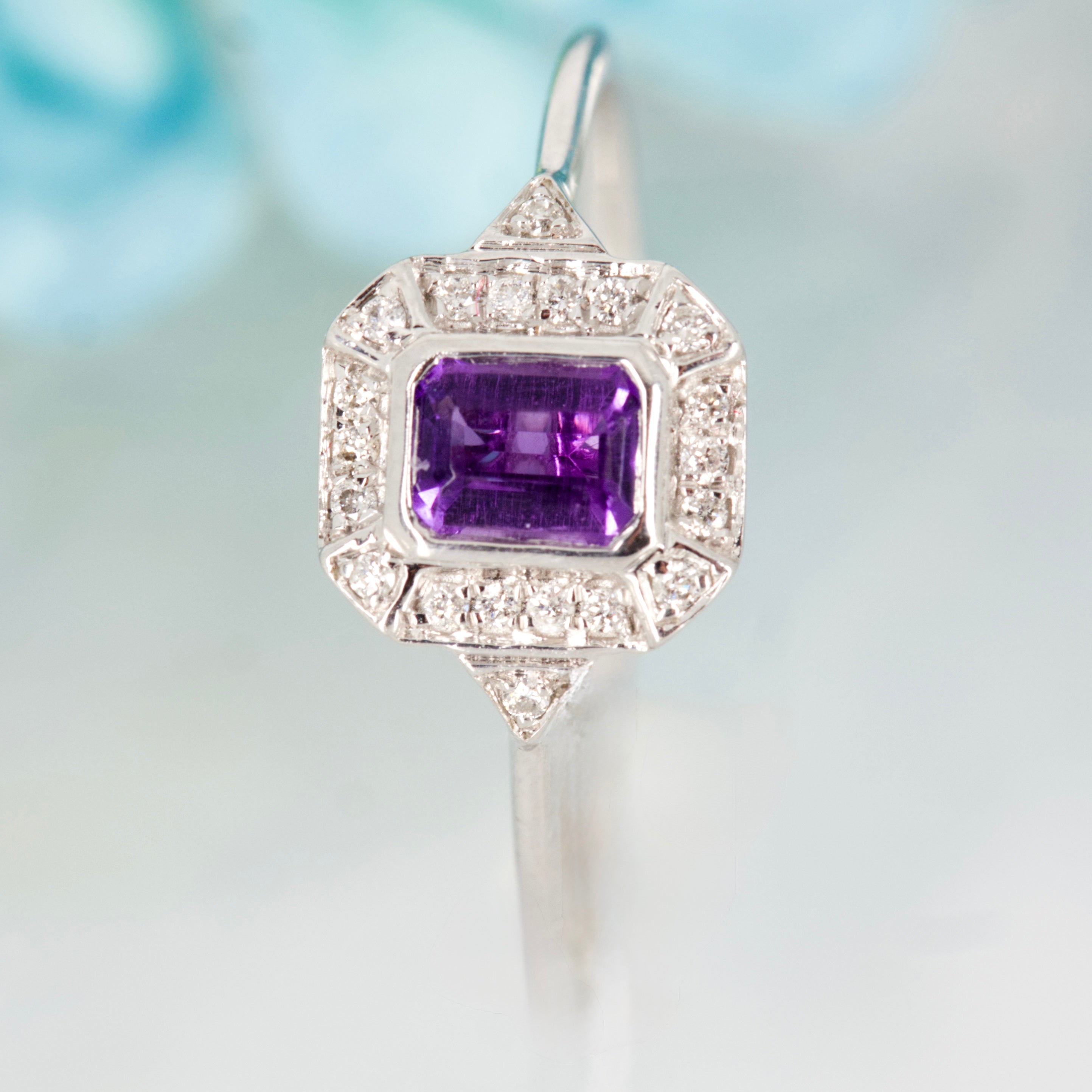 9ct White Gold Octagonal Cut Amethyst & Round Brilliant Cut Diamond Halo Cluster Ring