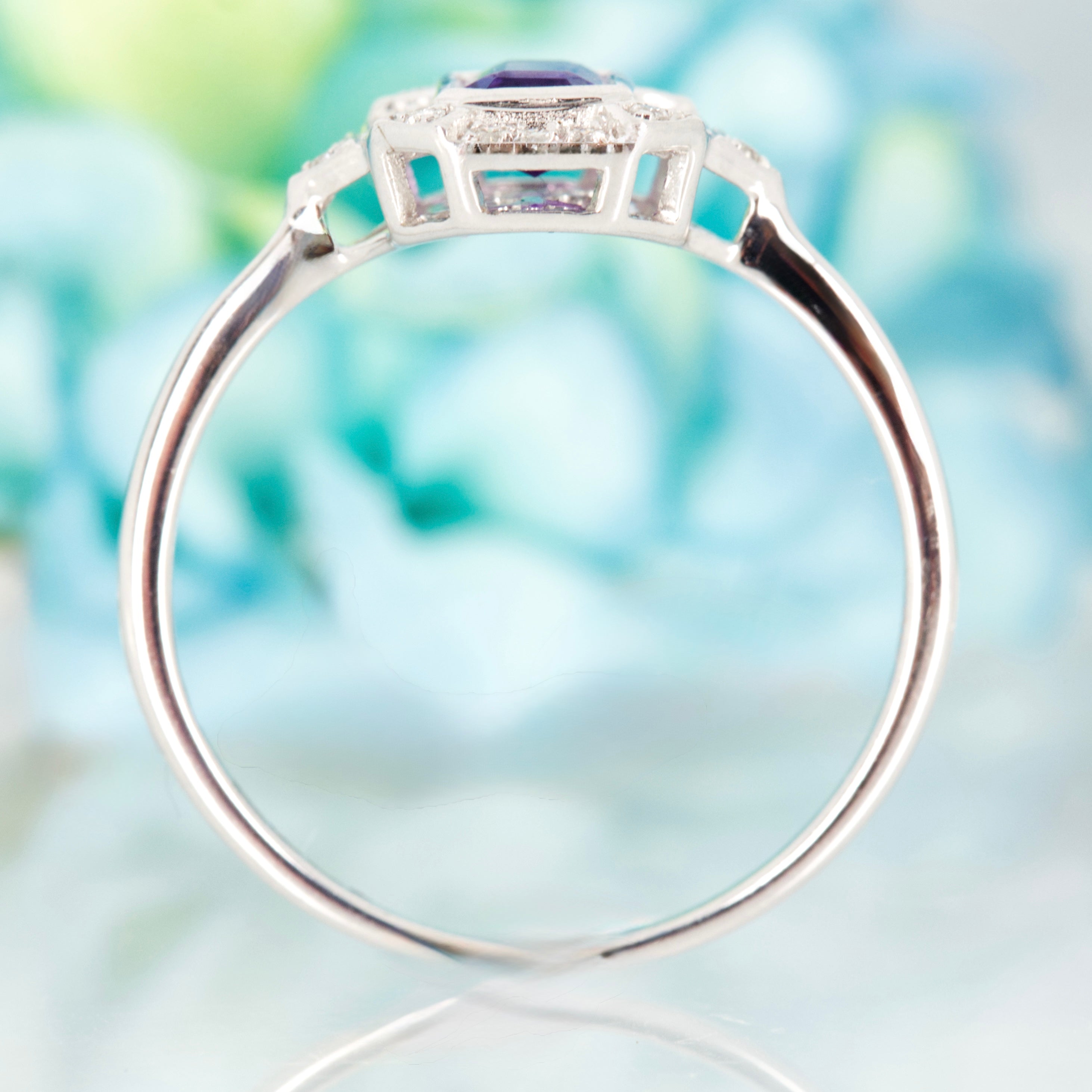 9ct White Gold Octagonal Cut Amethyst & Round Brilliant Cut Diamond Halo Cluster Ring