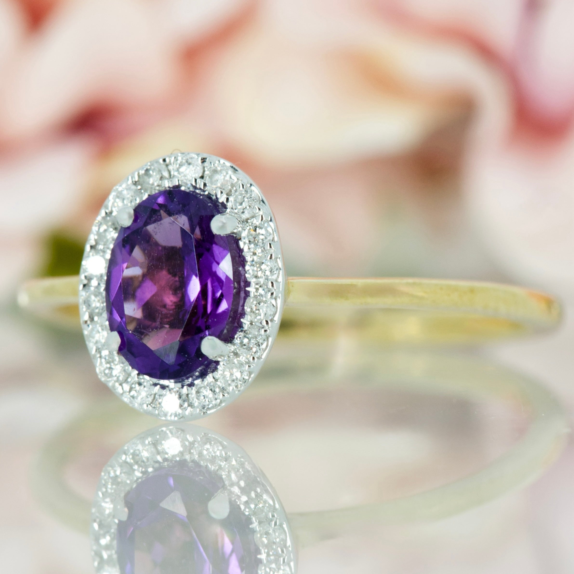 9ct Yellow Gold Oval Cut Amethyst & Round Brilliant Cut Diamond Halo Cluster Ring