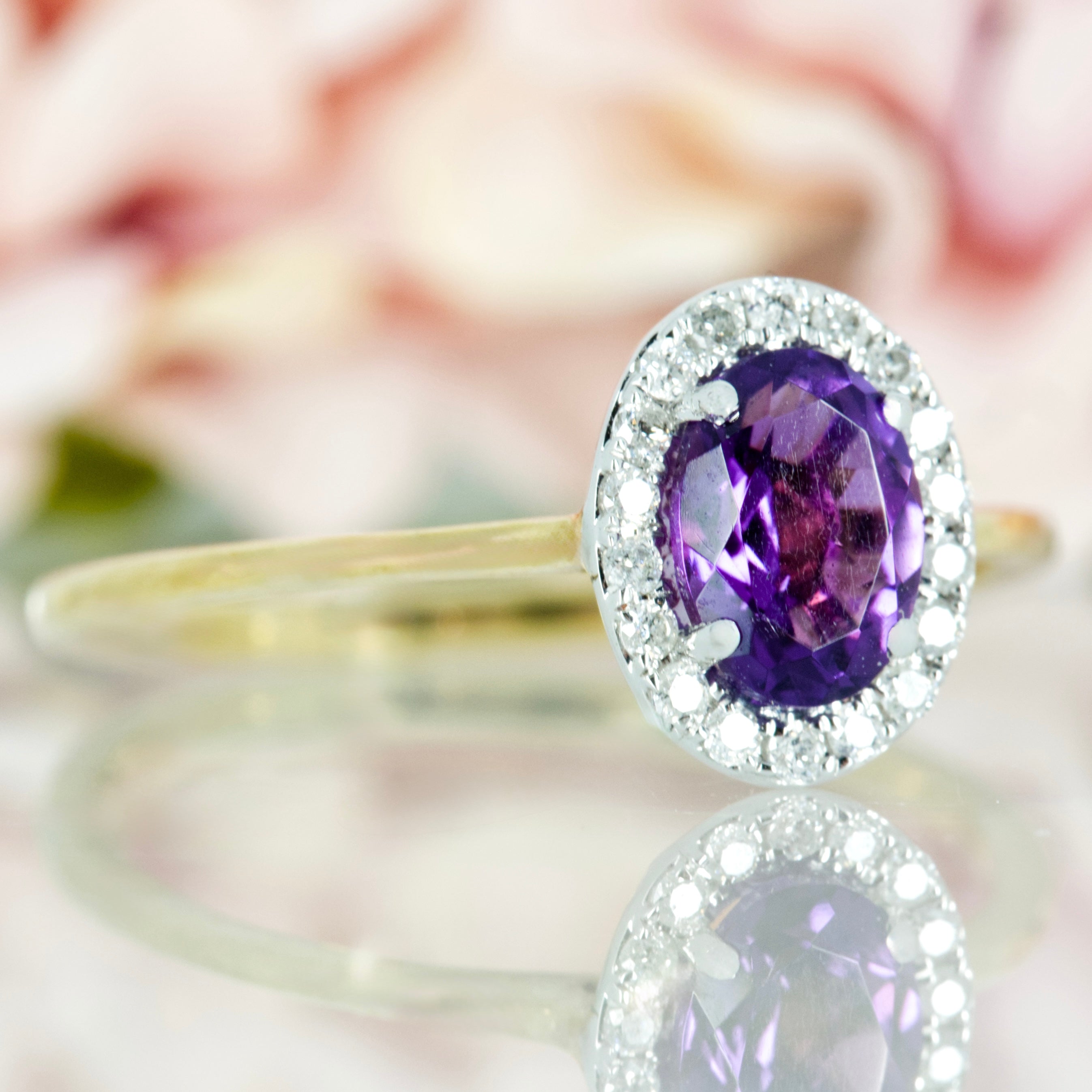9ct Yellow Gold Oval Cut Amethyst & Round Brilliant Cut Diamond Halo Cluster Ring