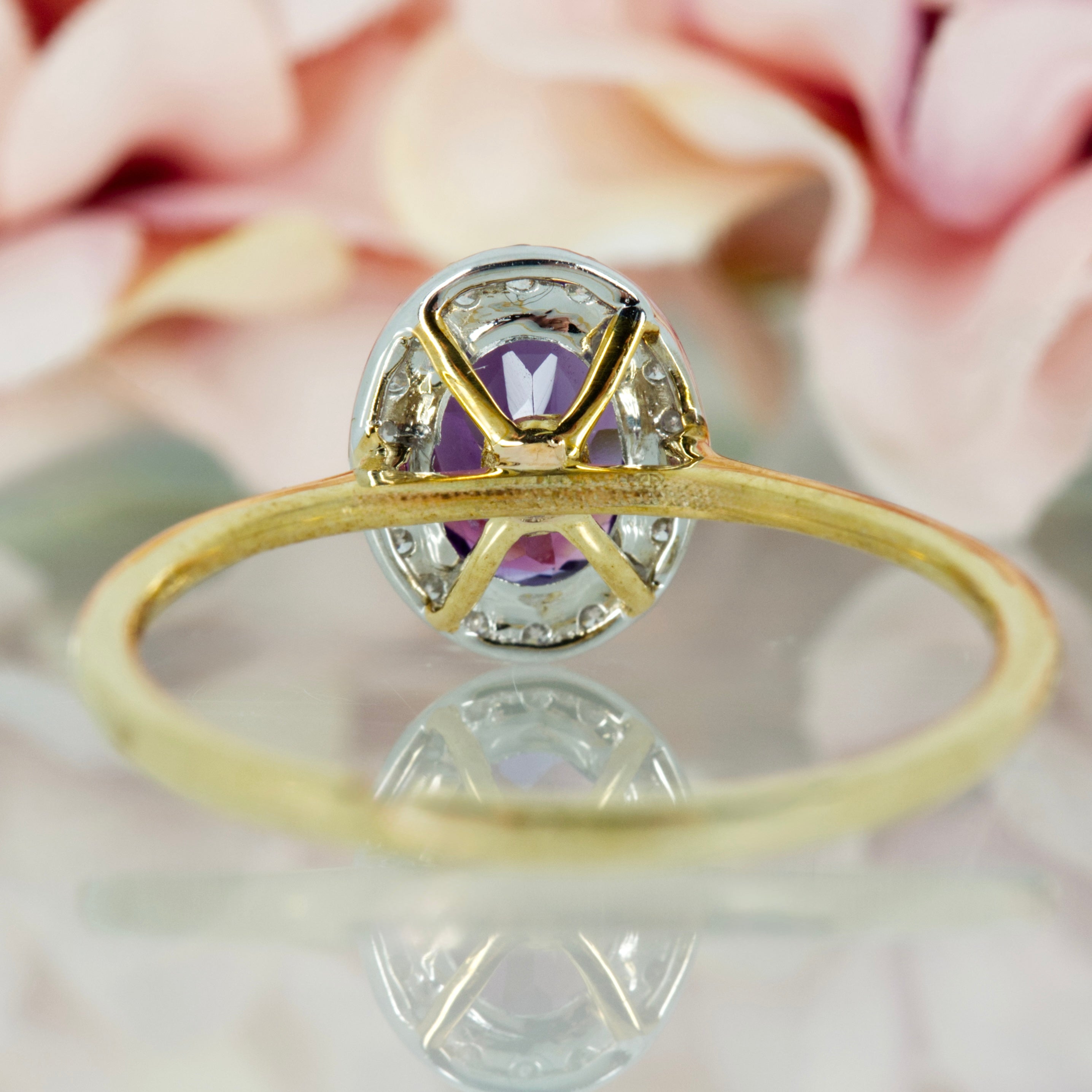 9ct Yellow Gold Oval Cut Amethyst & Round Brilliant Cut Diamond Halo Cluster Ring