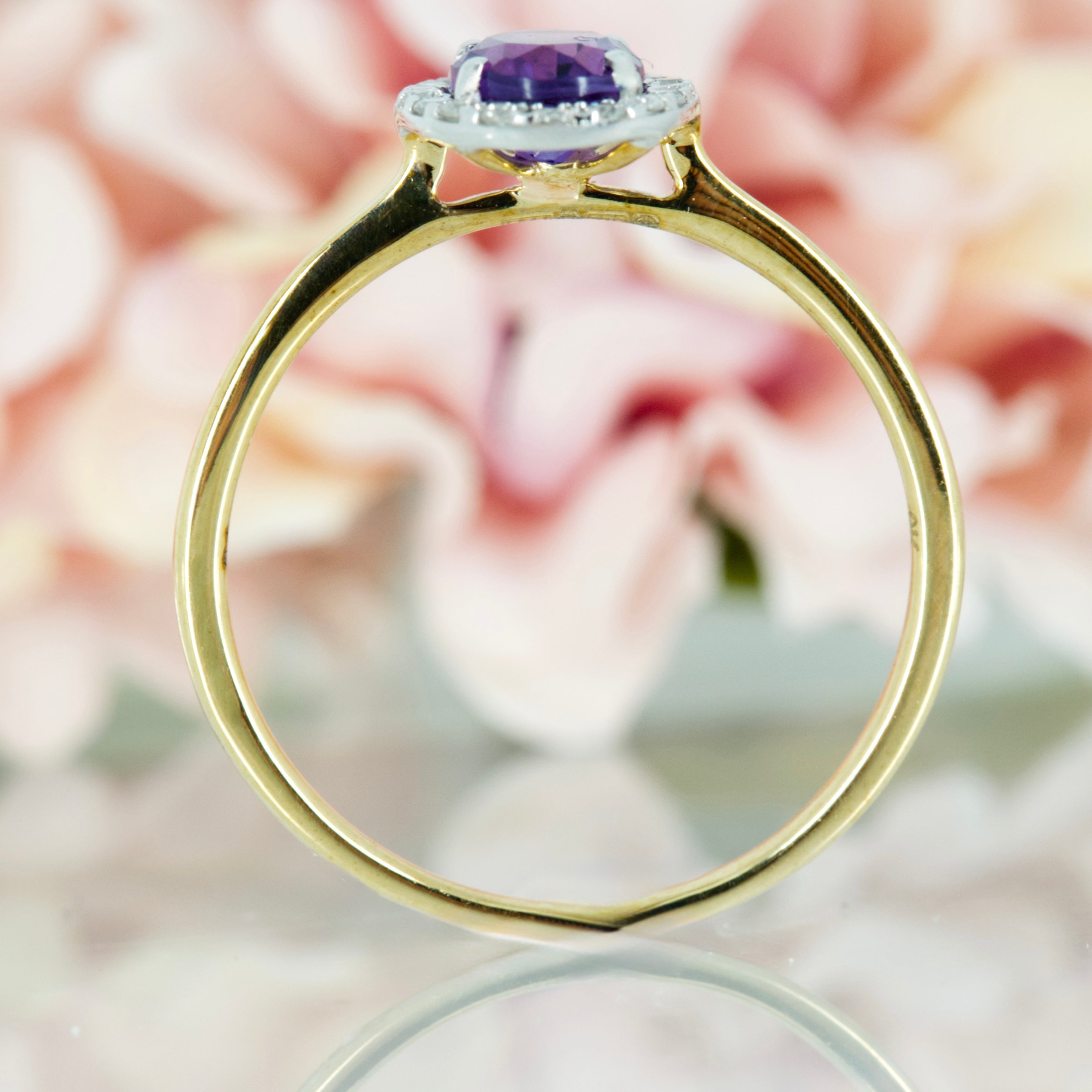 9ct Yellow Gold Oval Cut Amethyst & Round Brilliant Cut Diamond Halo Cluster Ring