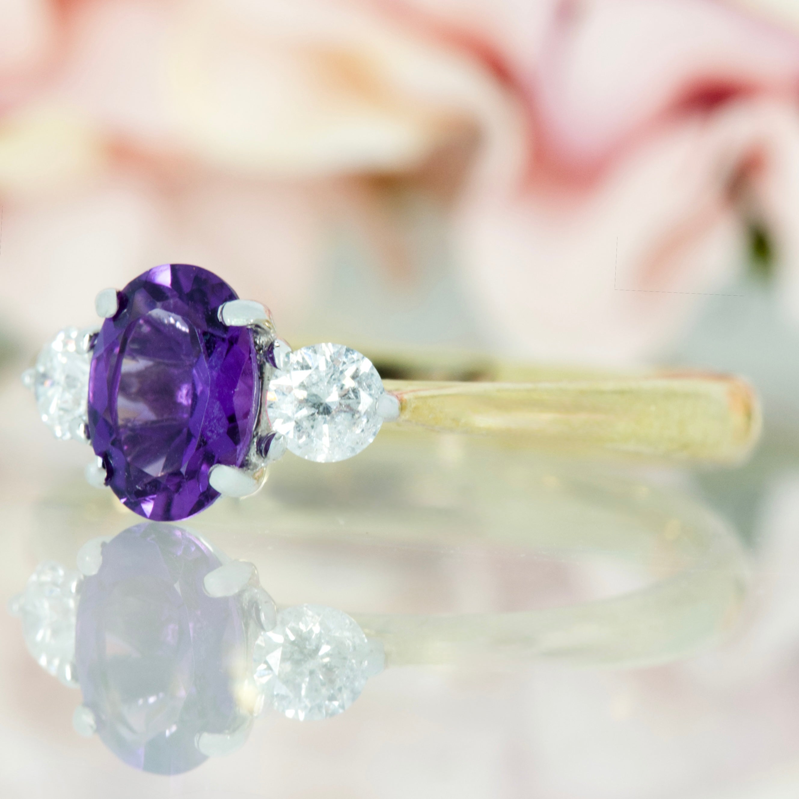 9ct Yellow Gold Oval Cut Amethyst & Round Brilliant Cut Diamond Trilogy Ring