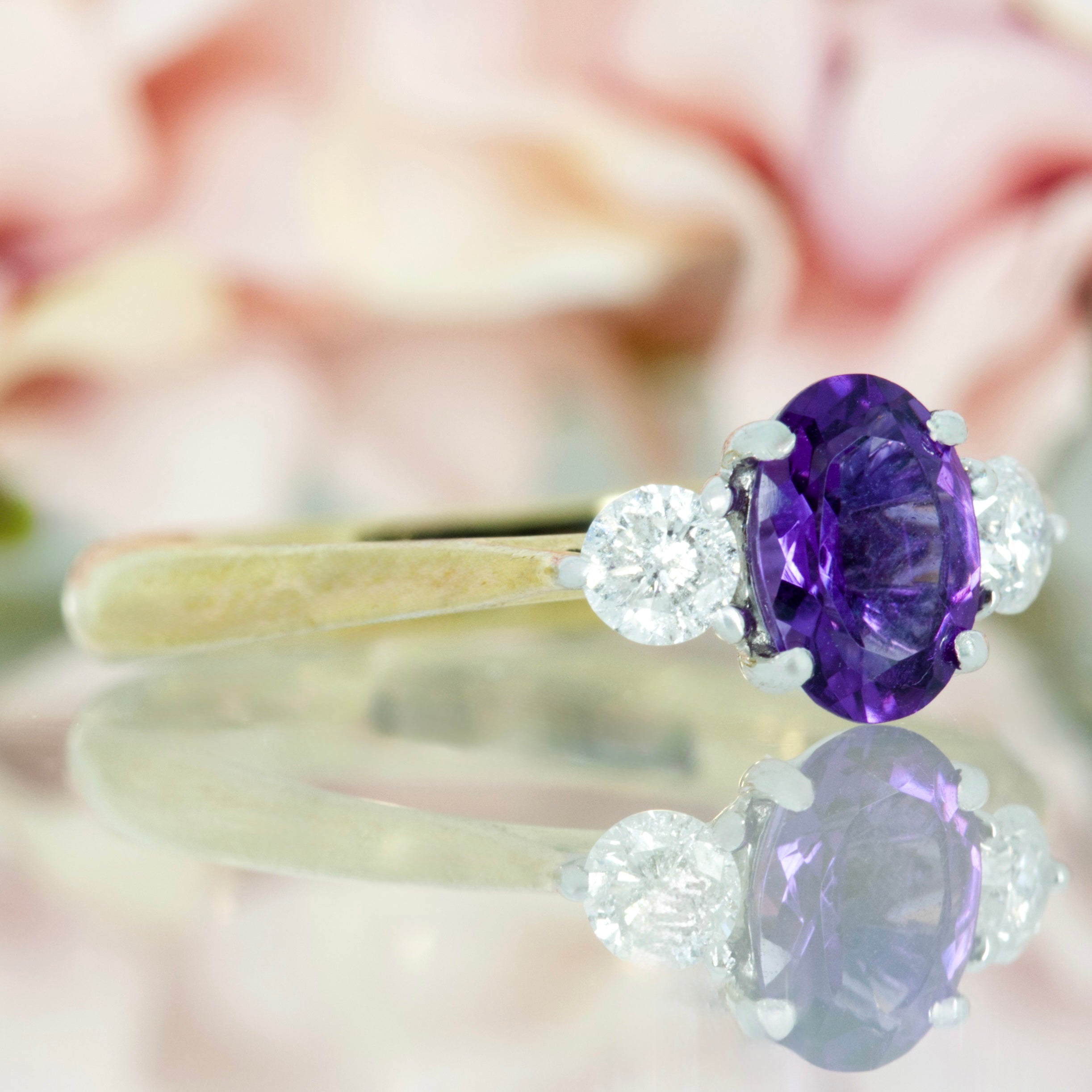 9ct Yellow Gold Oval Cut Amethyst & Round Brilliant Cut Diamond Trilogy Ring