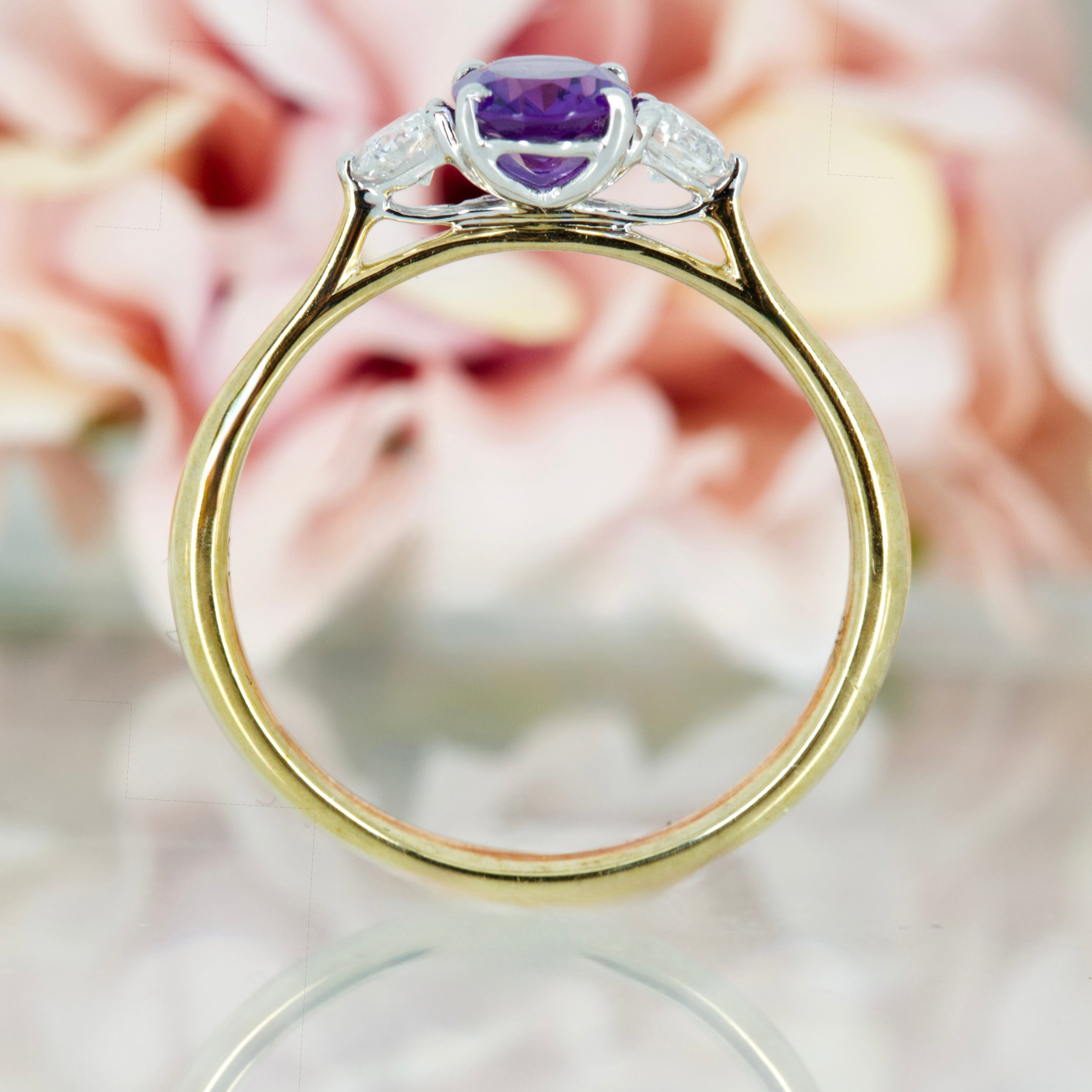 9ct Yellow Gold Oval Cut Amethyst & Round Brilliant Cut Diamond Trilogy Ring
