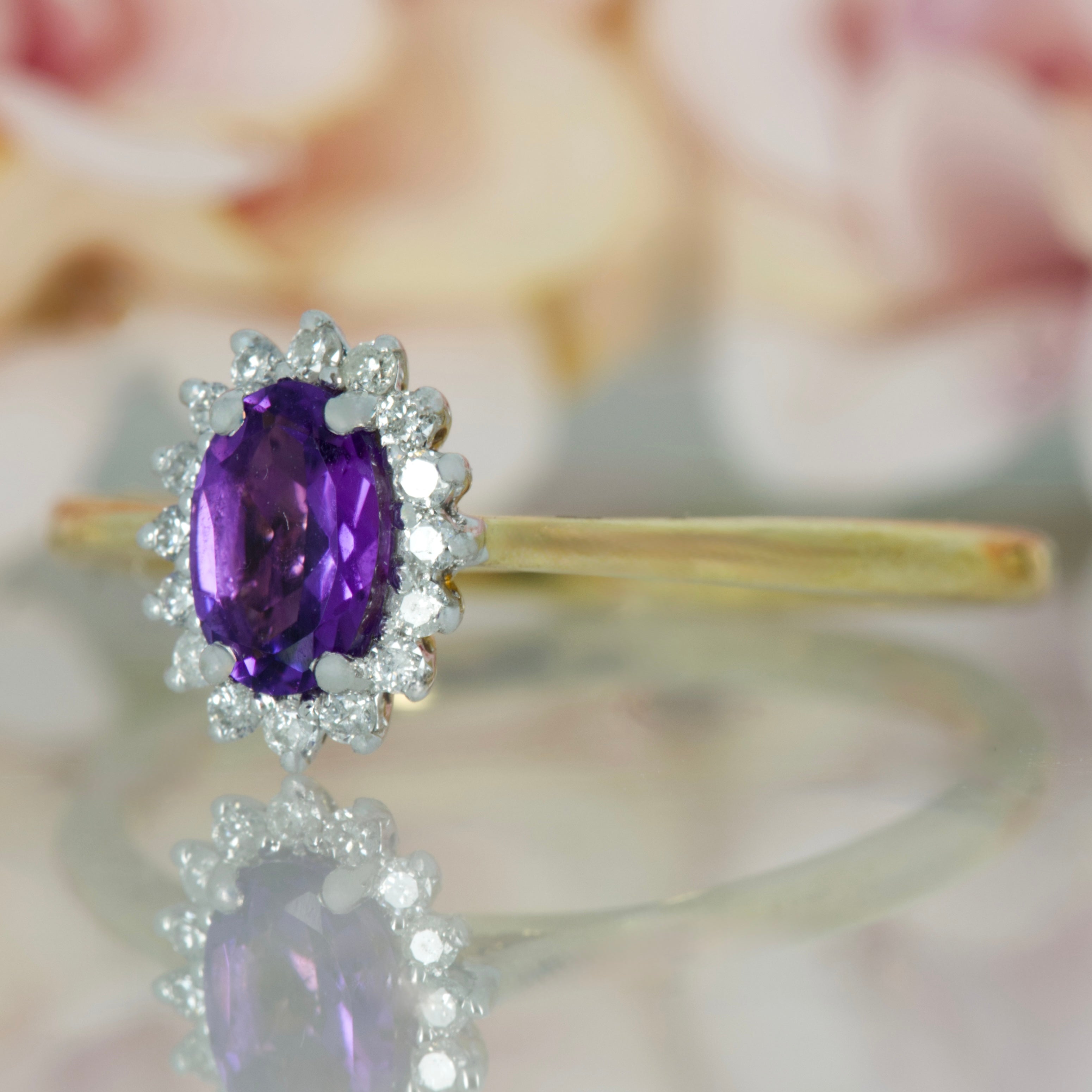 9ct Yellow Gold Oval Cut Amethyst & Round Brilliant Cut Diamond Cluster Ring