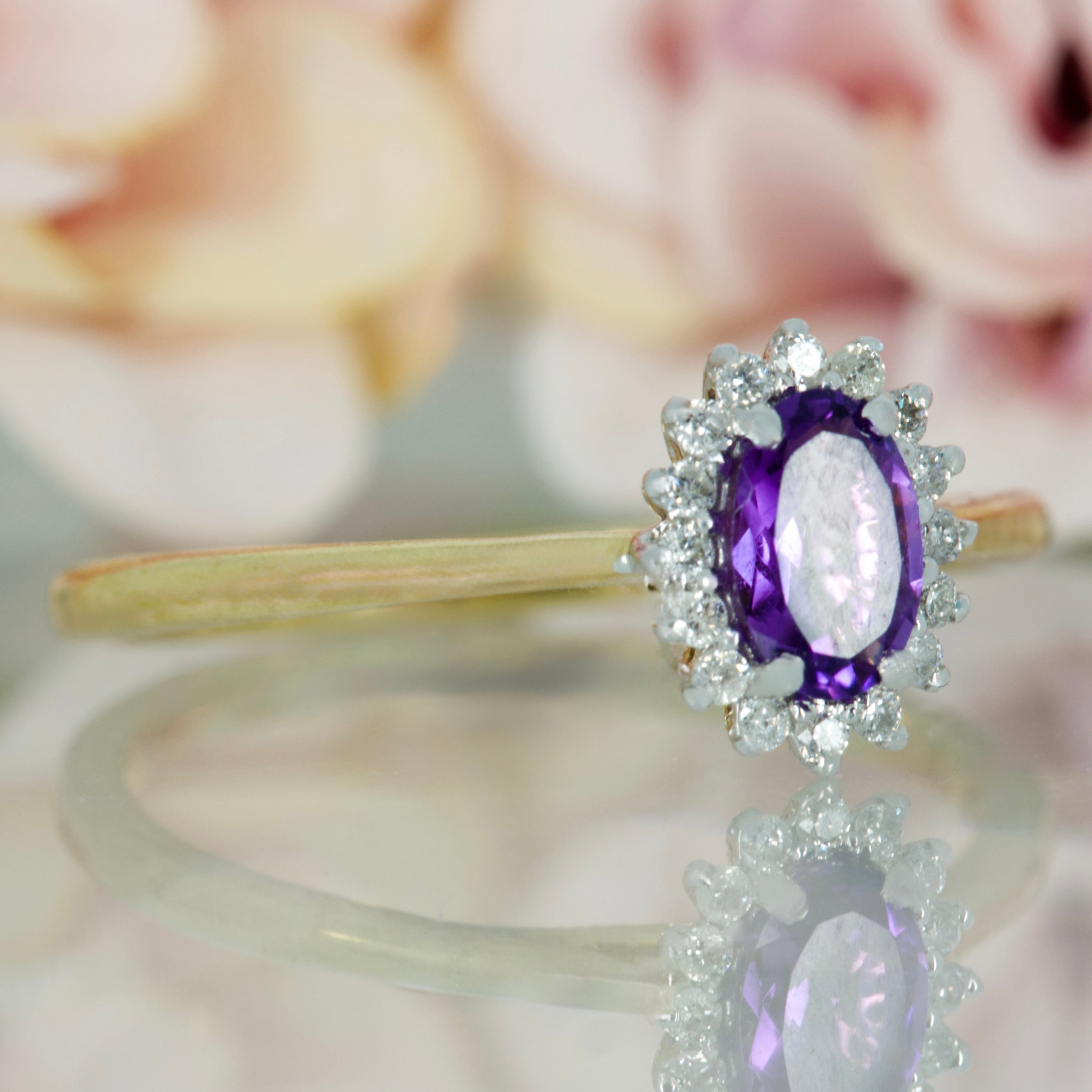 9ct Yellow Gold Oval Cut Amethyst & Round Brilliant Cut Diamond Cluster Ring