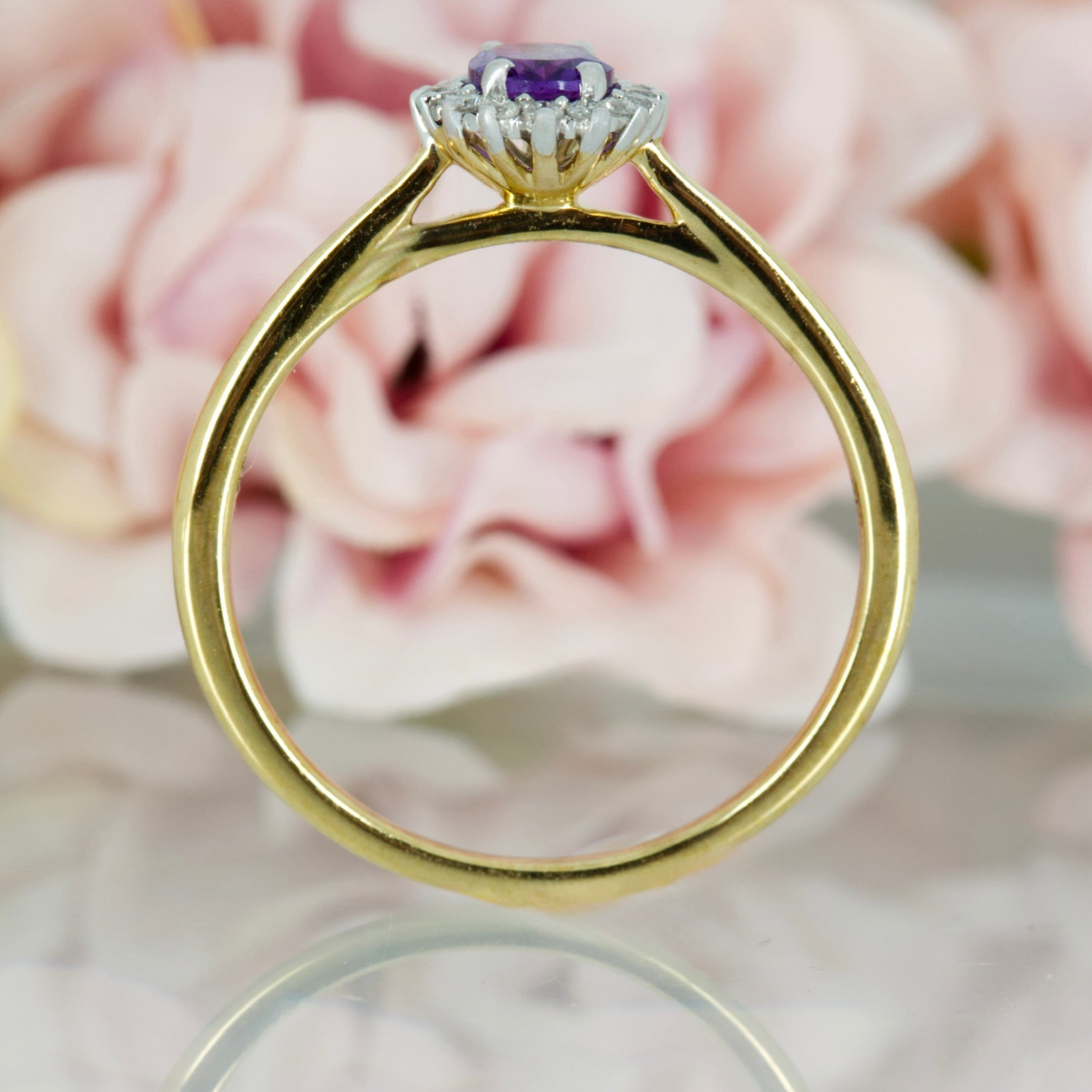 9ct Yellow Gold Oval Cut Amethyst & Round Brilliant Cut Diamond Cluster Ring