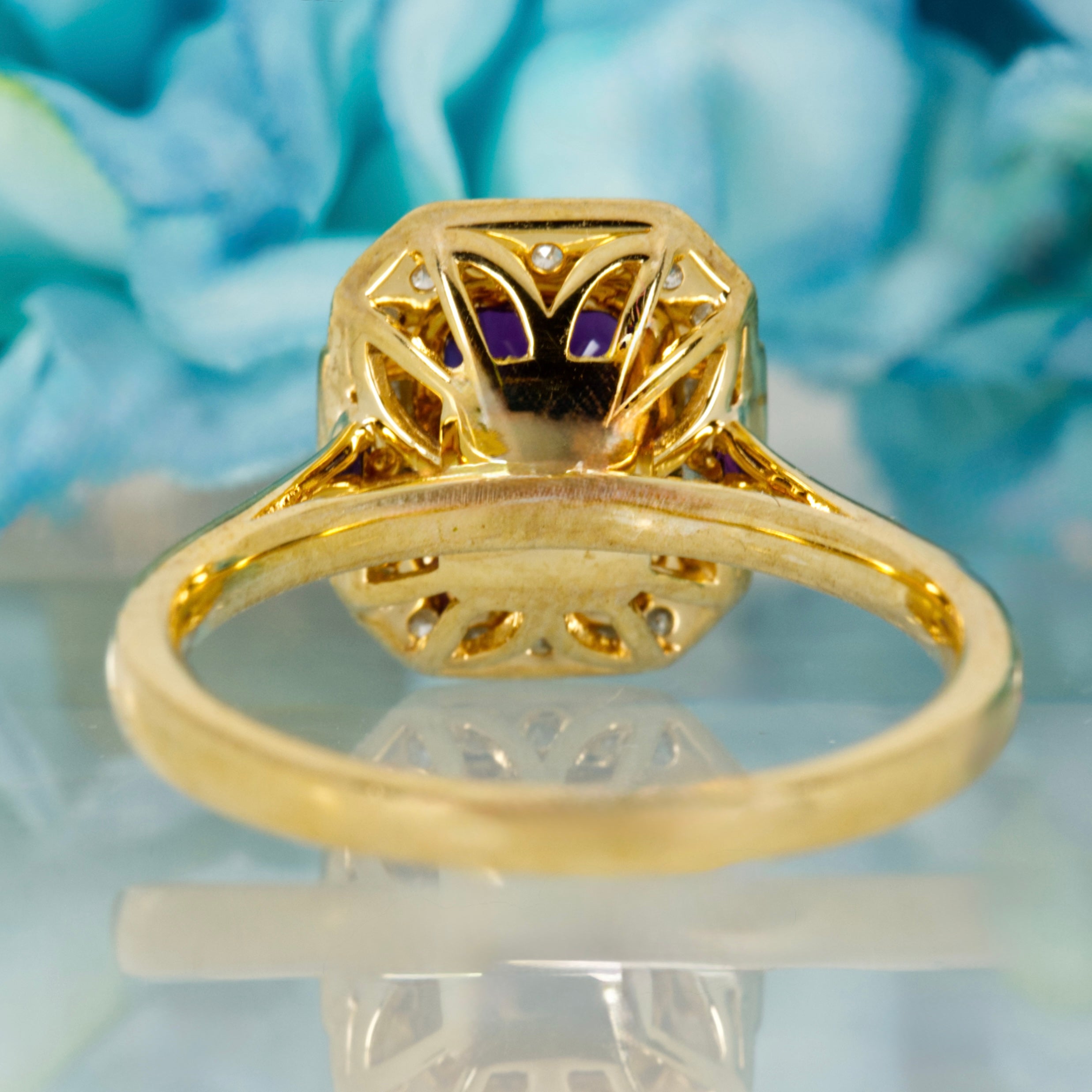 9ct Yellow Gold Octagonal Cut Amethyst & Round Brilliant Cut Diamond Halo Cluster Ring