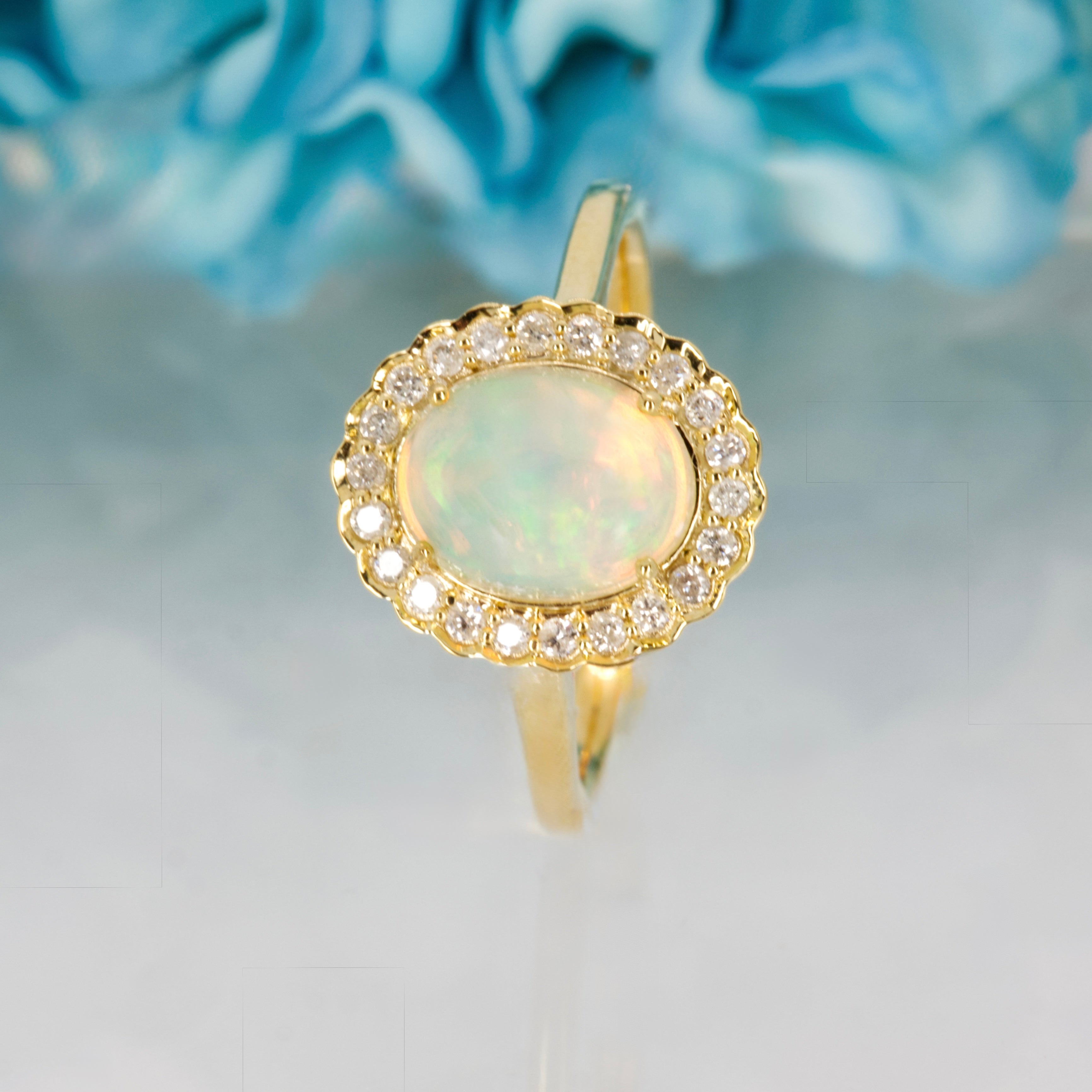 9ct Yellow Gold Opal & Round Brilliant Cut Diamond Cluster Ring