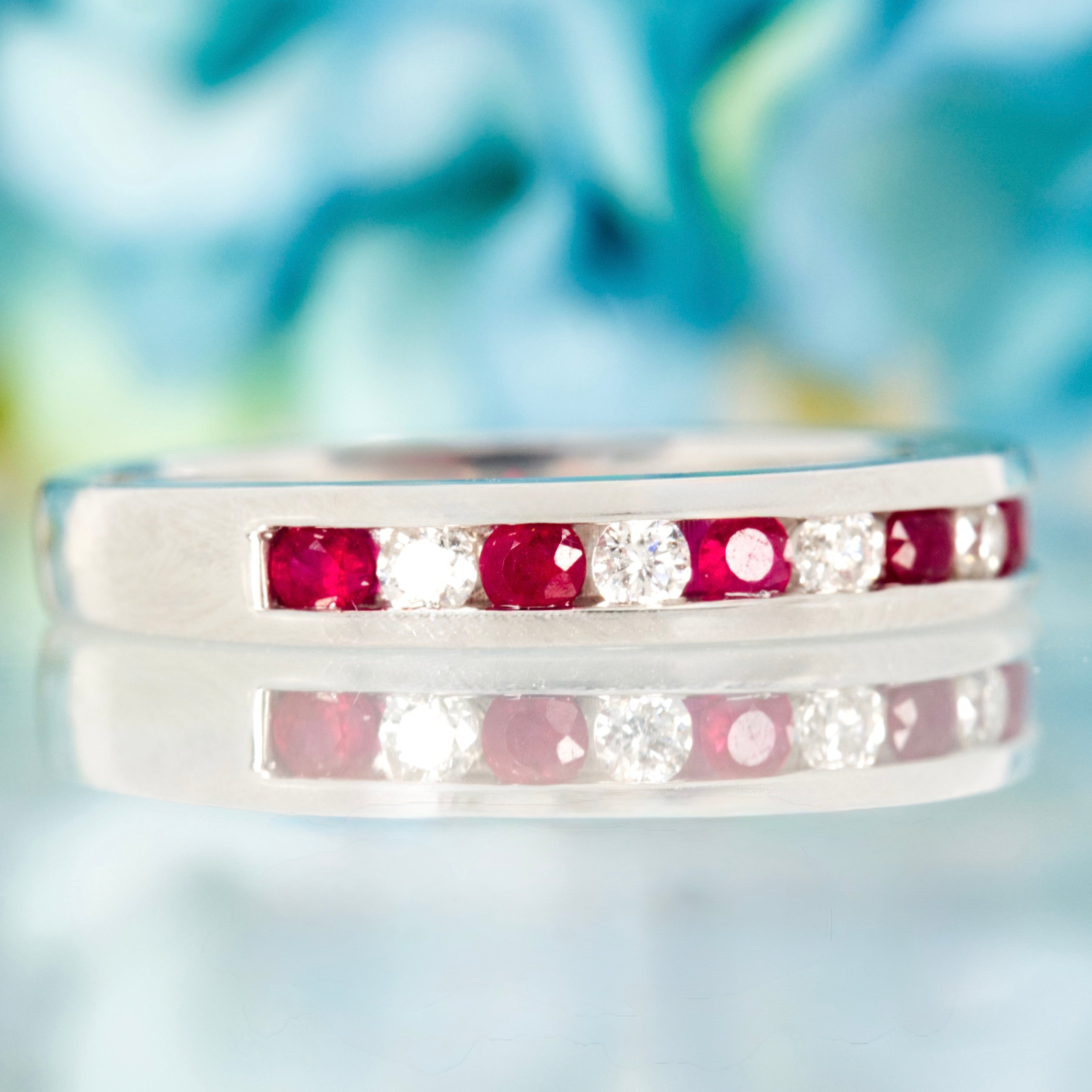 Platinum Round Cut Ruby & Diamond Channel Set Half Eternity Ring