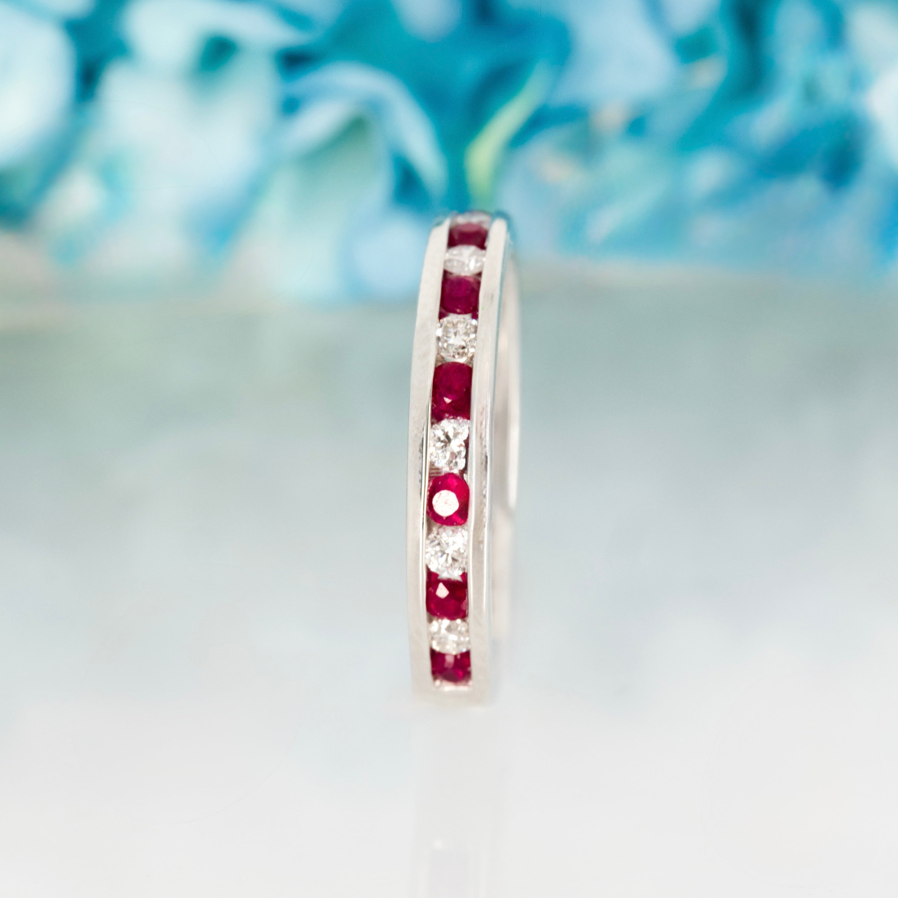 Platinum Round Cut Ruby & Diamond Channel Set Half Eternity Ring