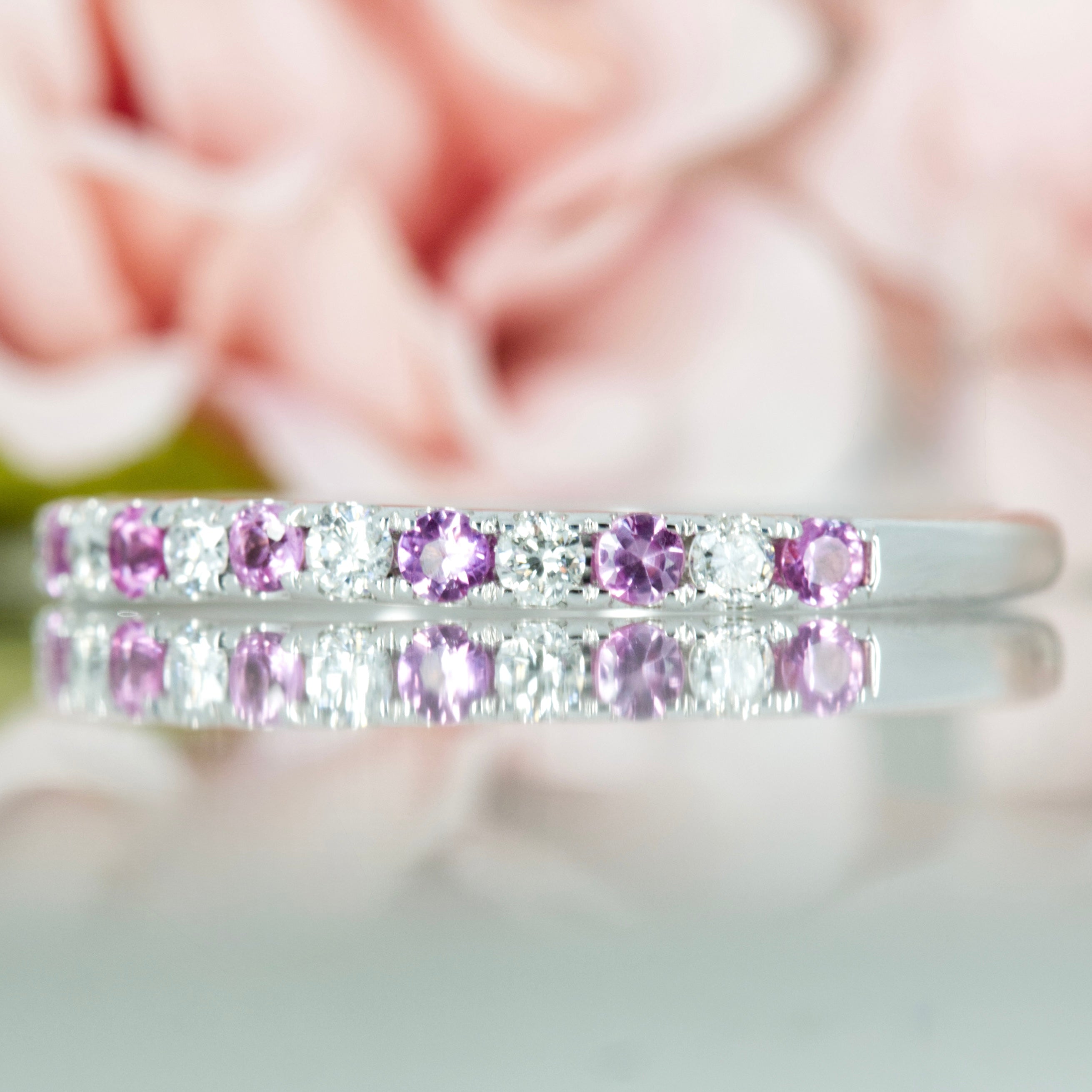 9ct White Gold Round Cut Pink Sapphire & Diamond Claw Set Half Eternity Ring