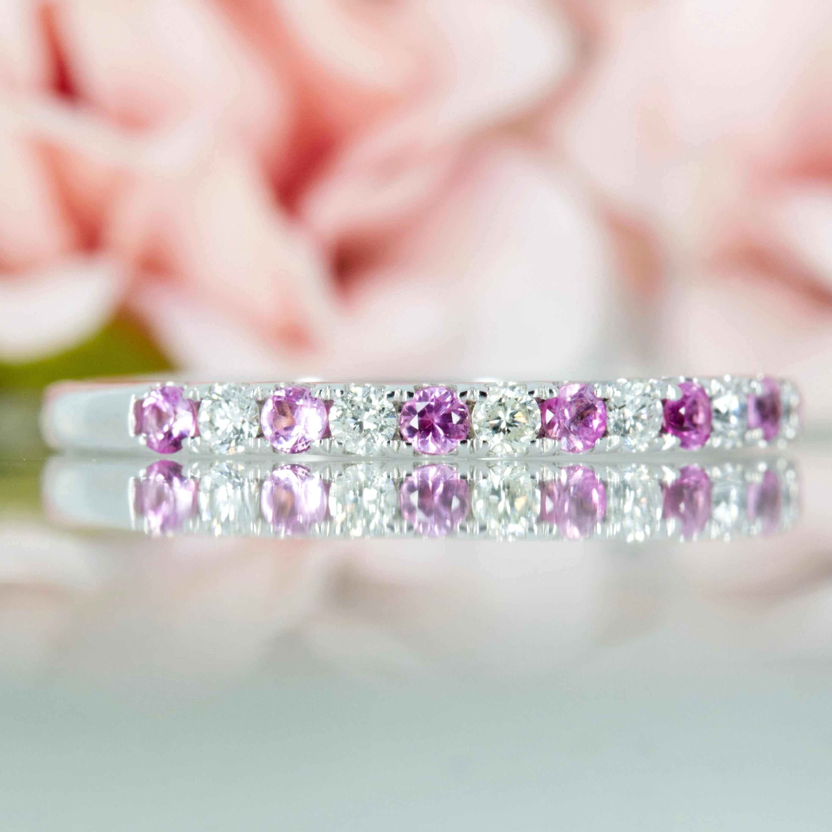 9ct White Gold Round Cut Pink Sapphire & Diamond Claw Set Half Eternity Ring