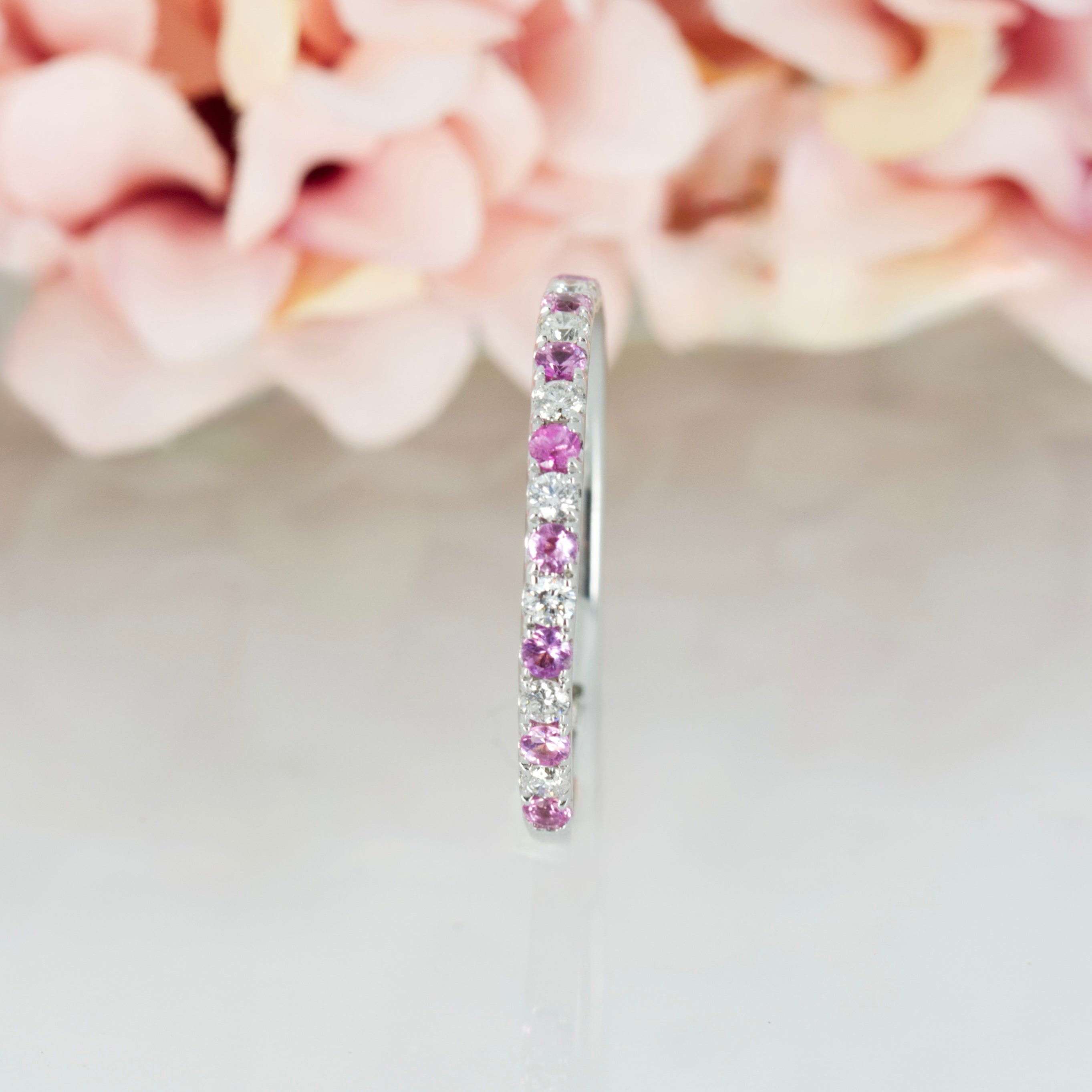 9ct White Gold Round Cut Pink Sapphire & Diamond Claw Set Half Eternity Ring