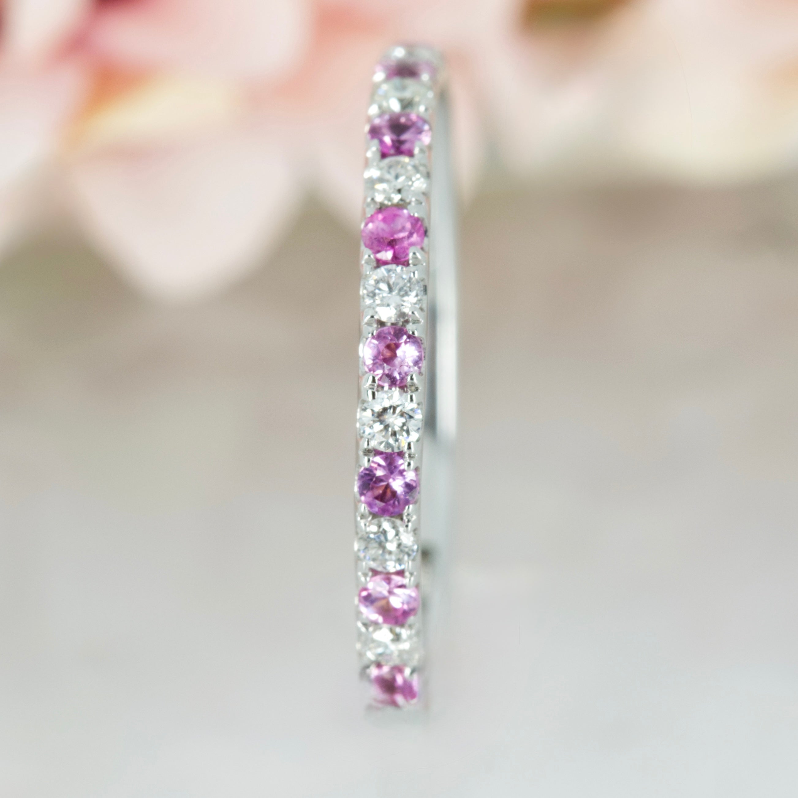 9ct White Gold Round Cut Pink Sapphire & Diamond Claw Set Half Eternity Ring