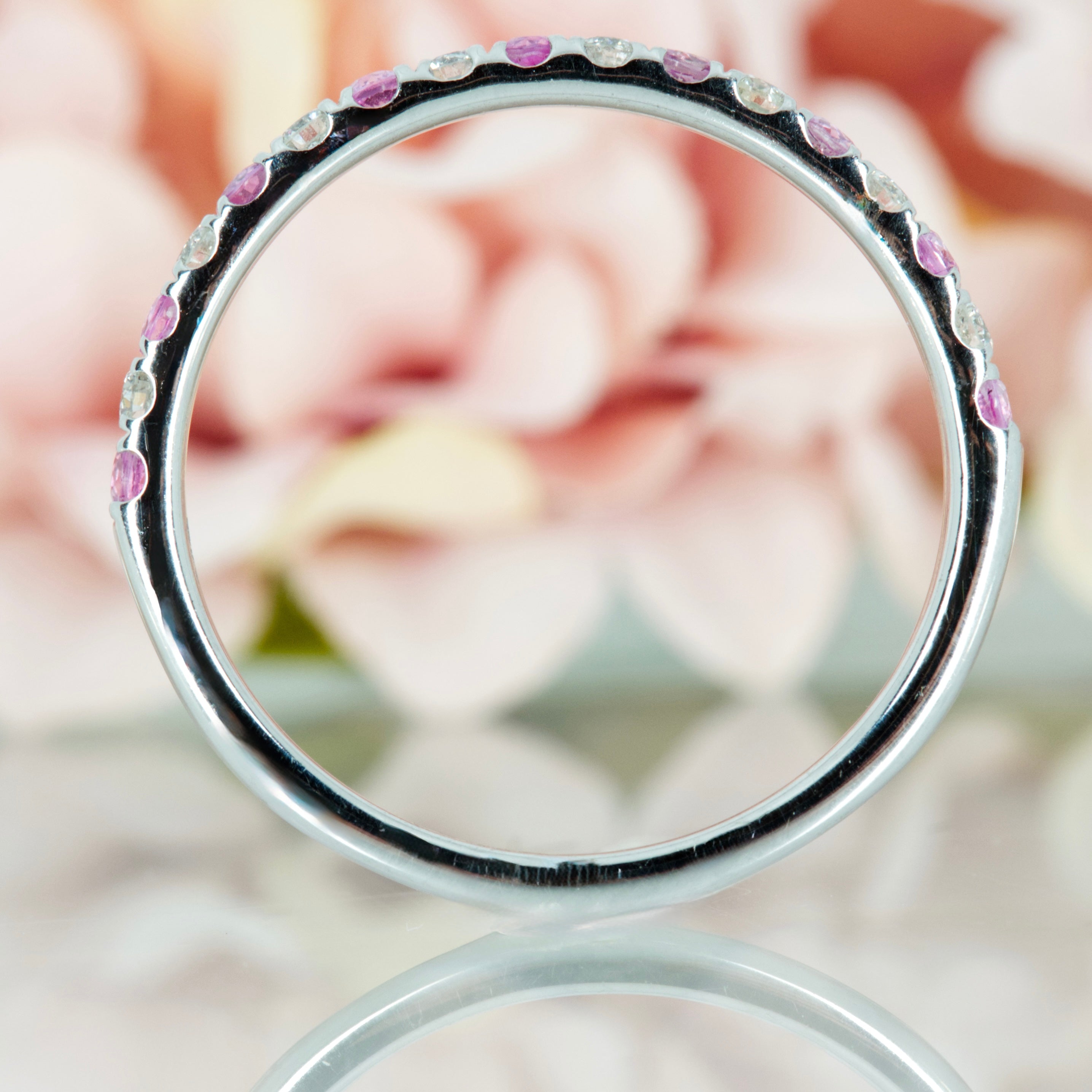 9ct White Gold Round Cut Pink Sapphire & Diamond Claw Set Half Eternity Ring