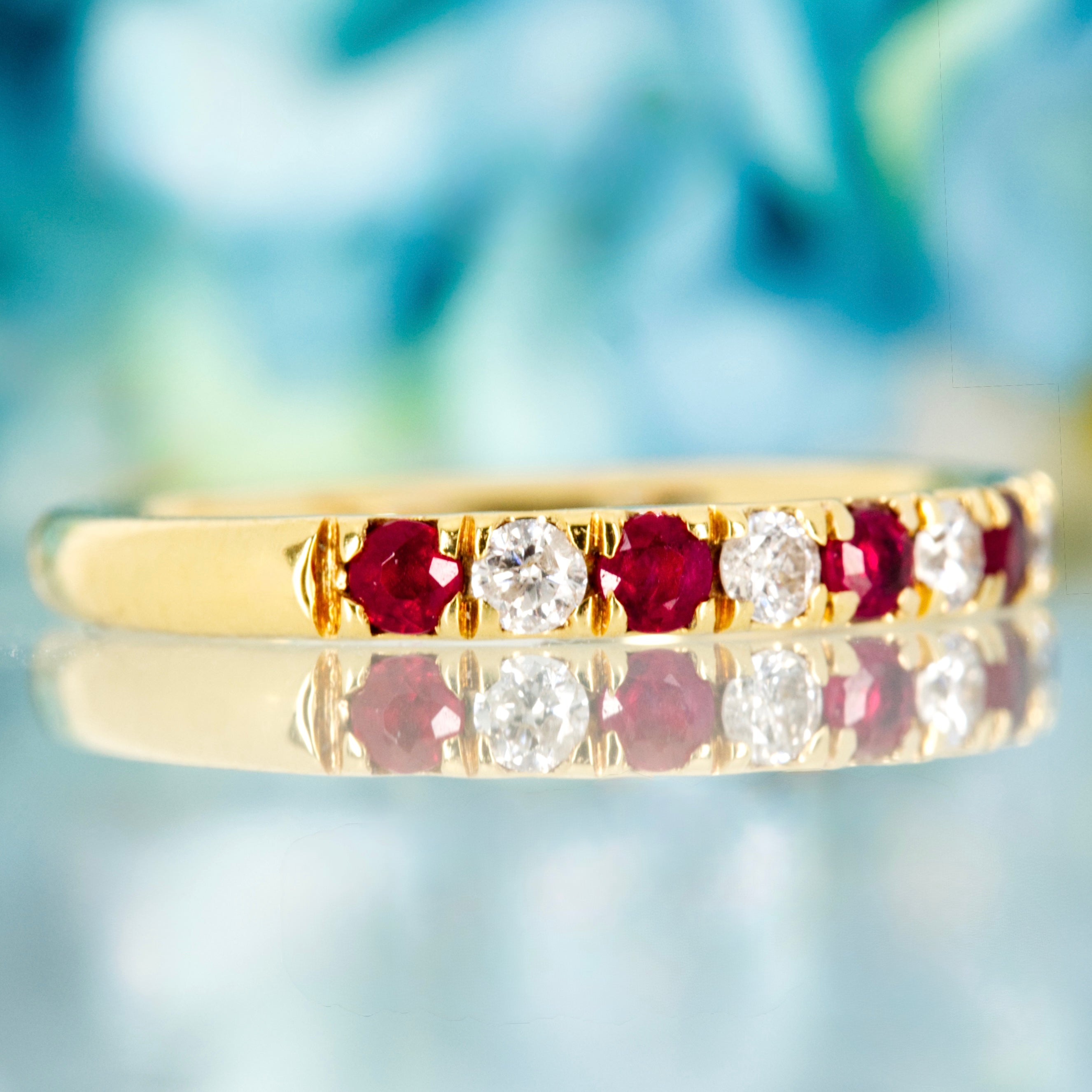 18ct Yellow Gold Round Cut Ruby & Diamond Claw Set Half Eternity Ring
