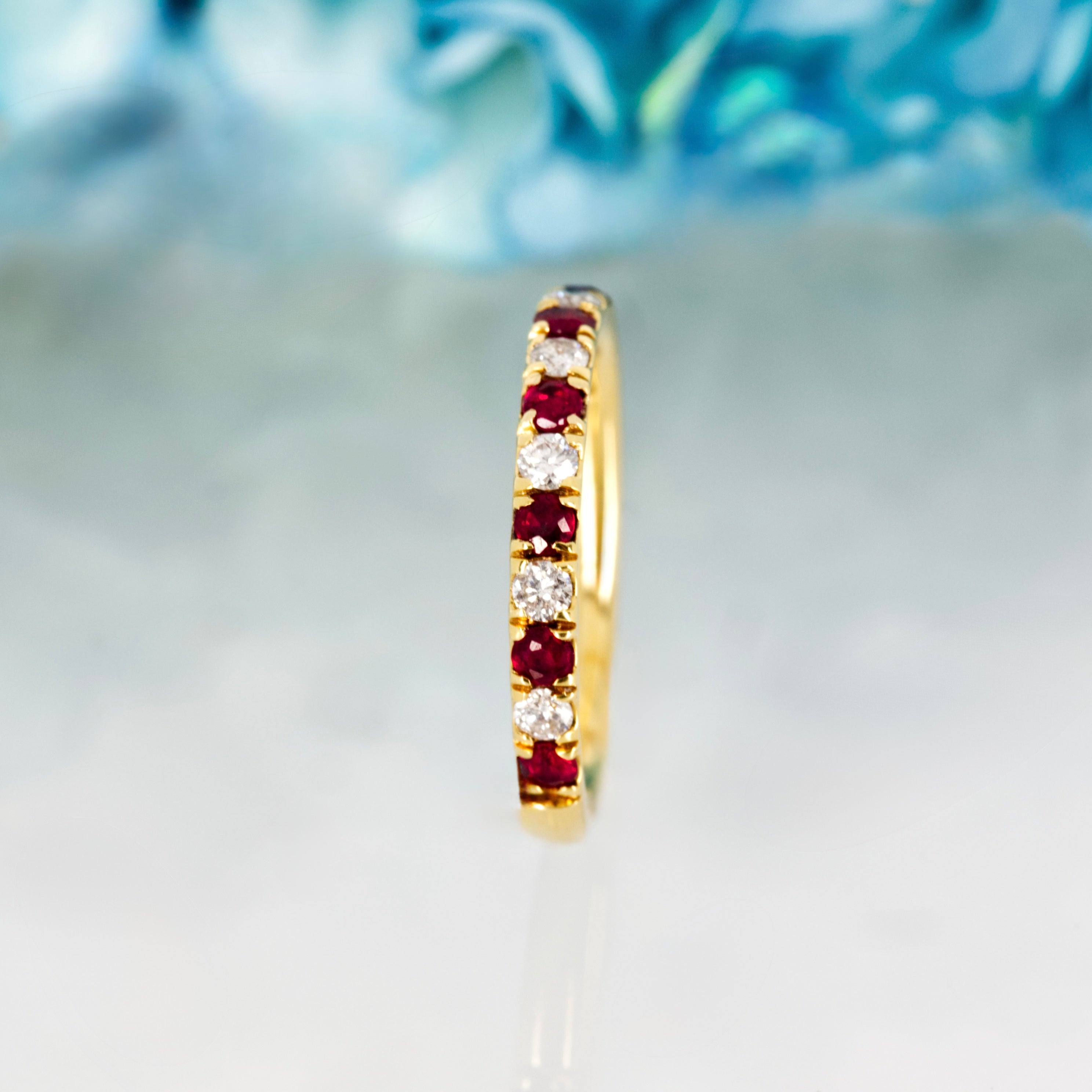 18ct Yellow Gold Round Cut Ruby & Diamond Claw Set Half Eternity Ring