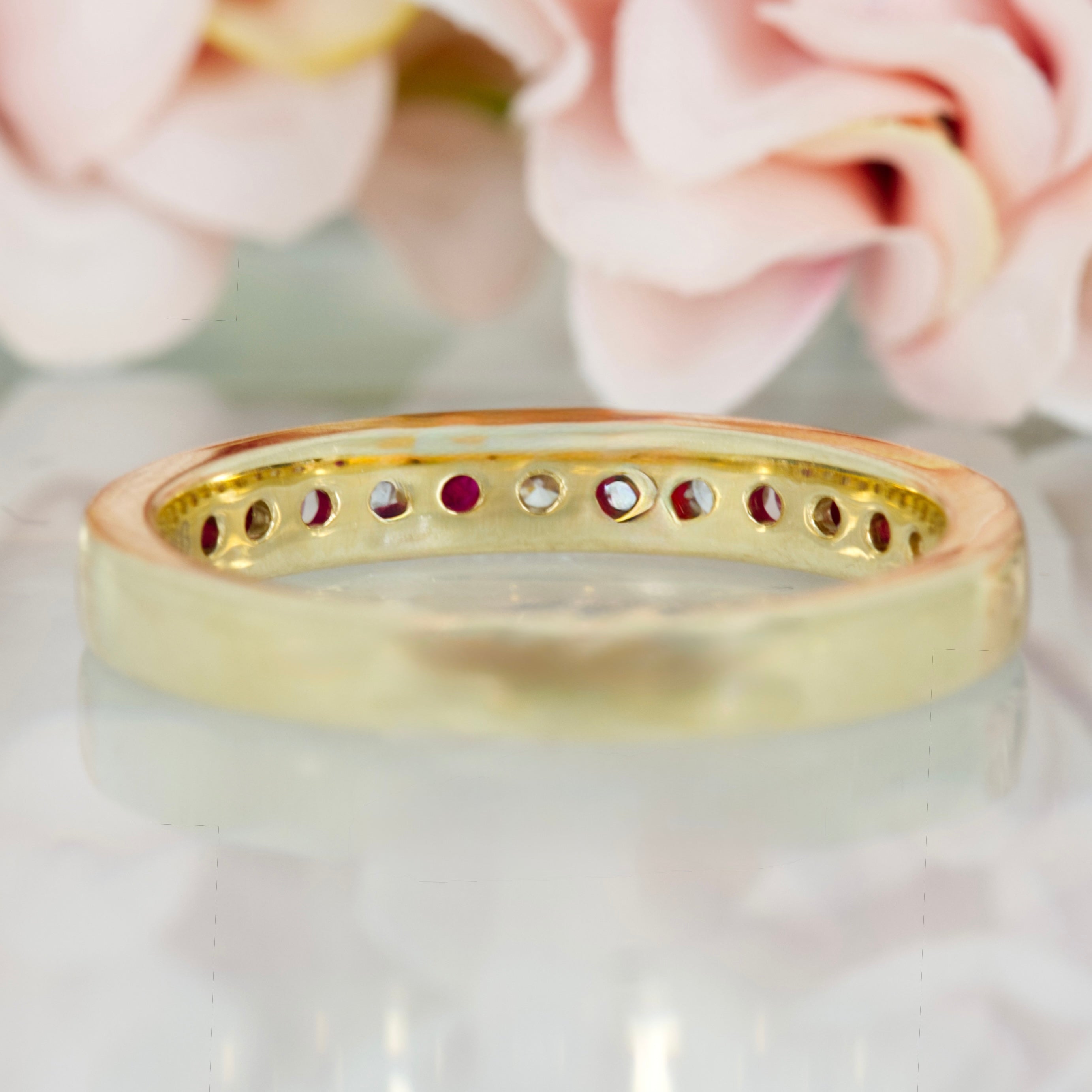 9ct Yellow Gold Round Cut Ruby & Round Brilliant Cut Diamond Channel Set Half Eternity Ring