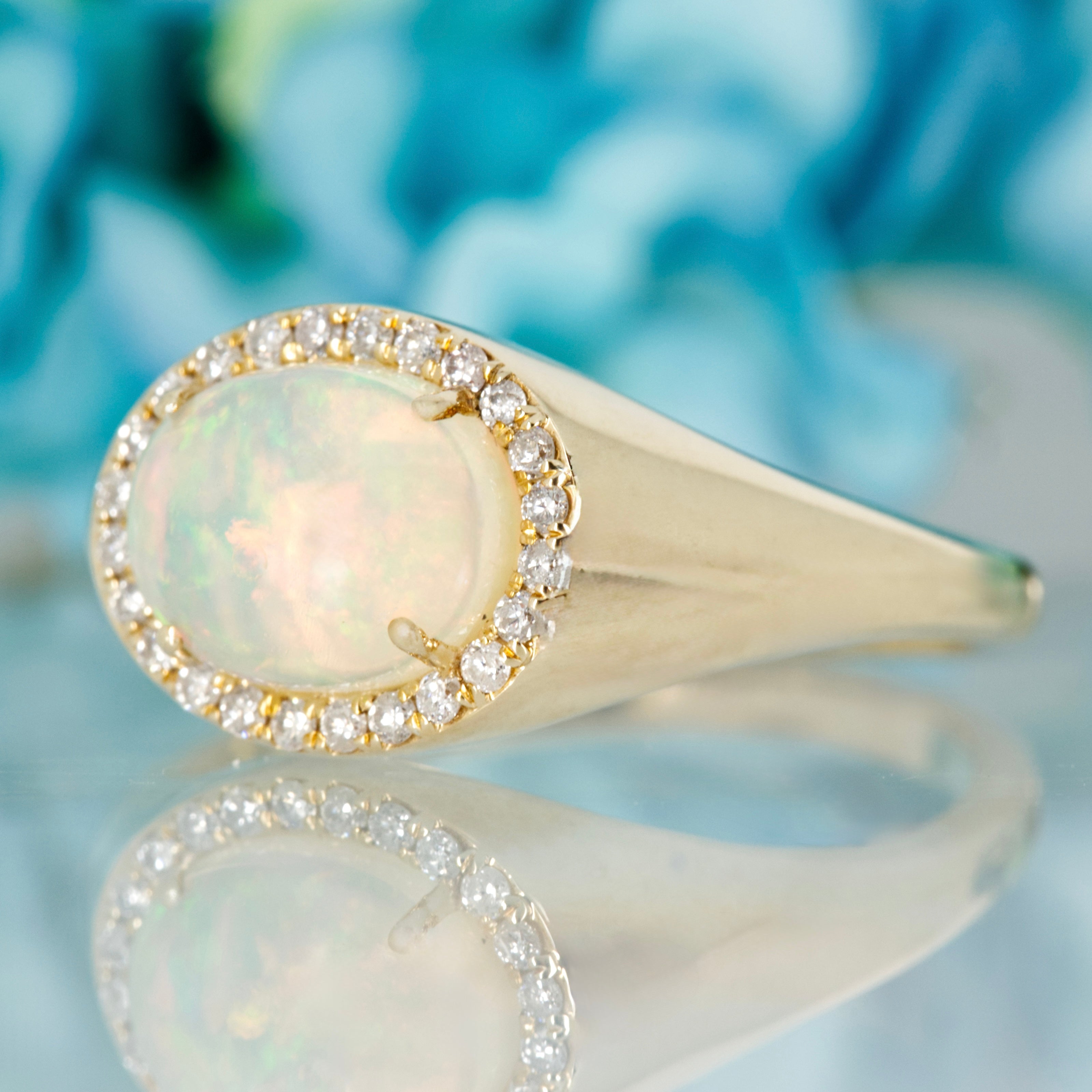 9ct Yellow Gold Oval Shaped Opal & Round Brilliant Cut Diamond Horizontal Cluster Ring
