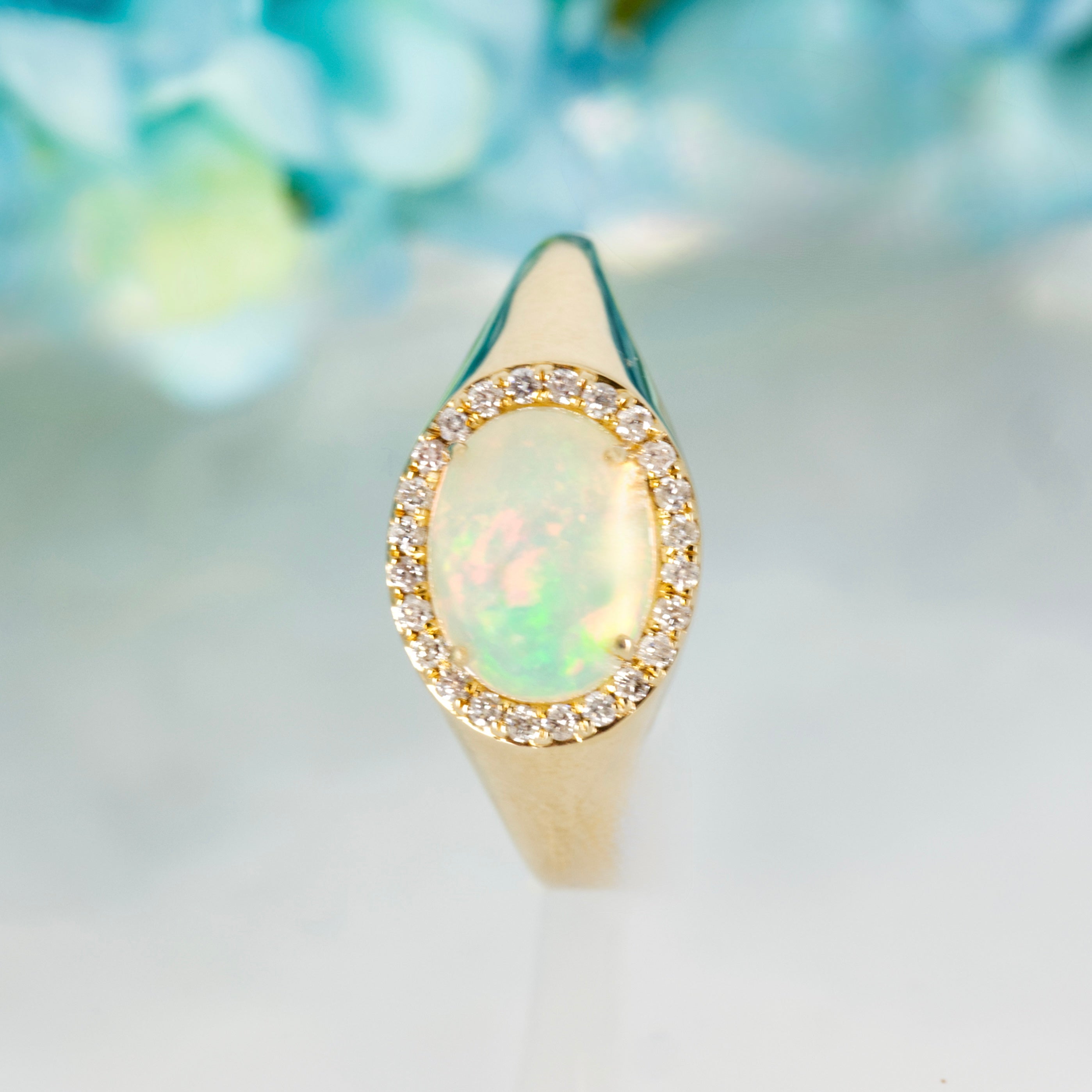 9ct Yellow Gold Oval Shaped Opal & Round Brilliant Cut Diamond Horizontal Cluster Ring