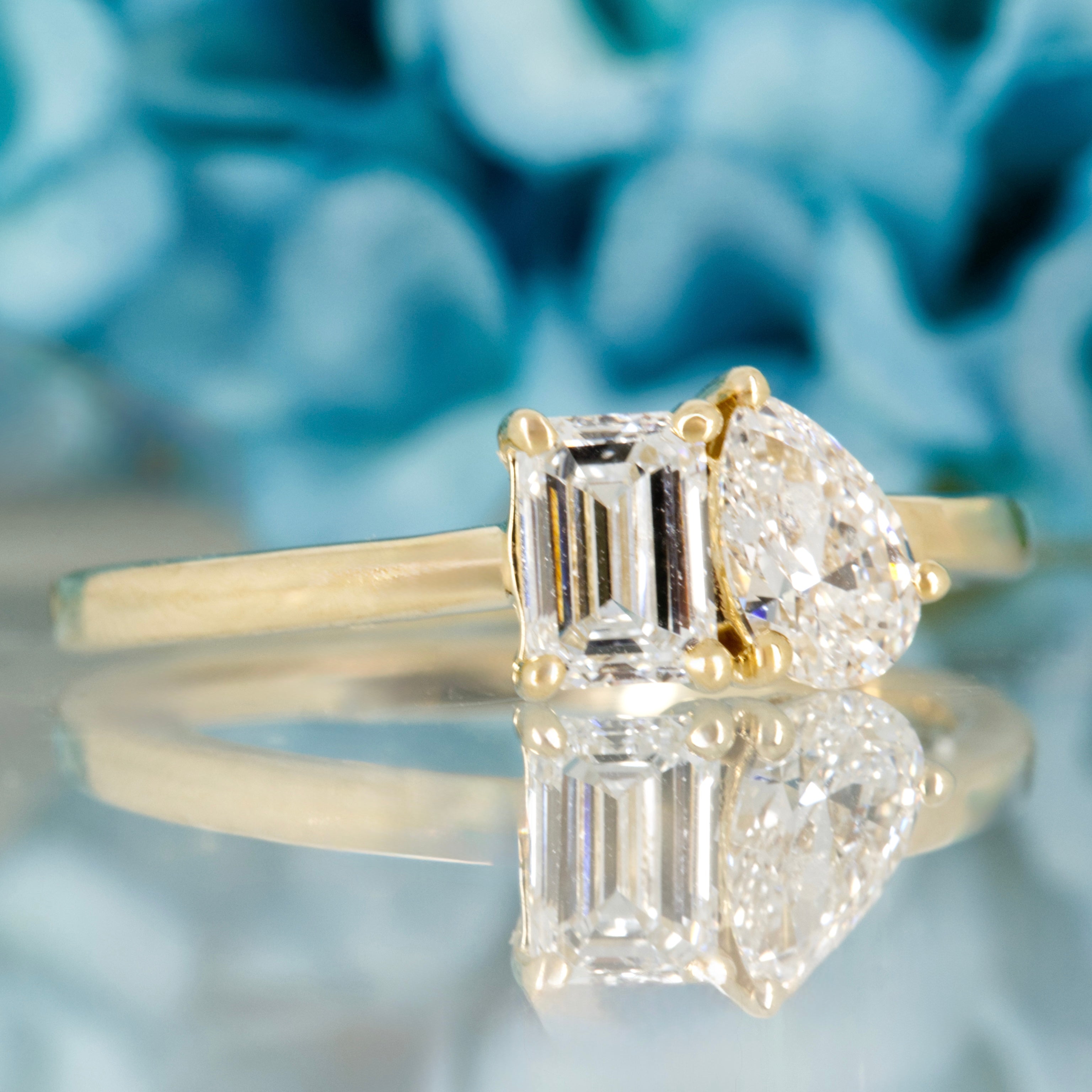9ct Yellow Gold 0.97ct Emerald & Pear Cut Lab Grown Diamond Toi et Moi Ring