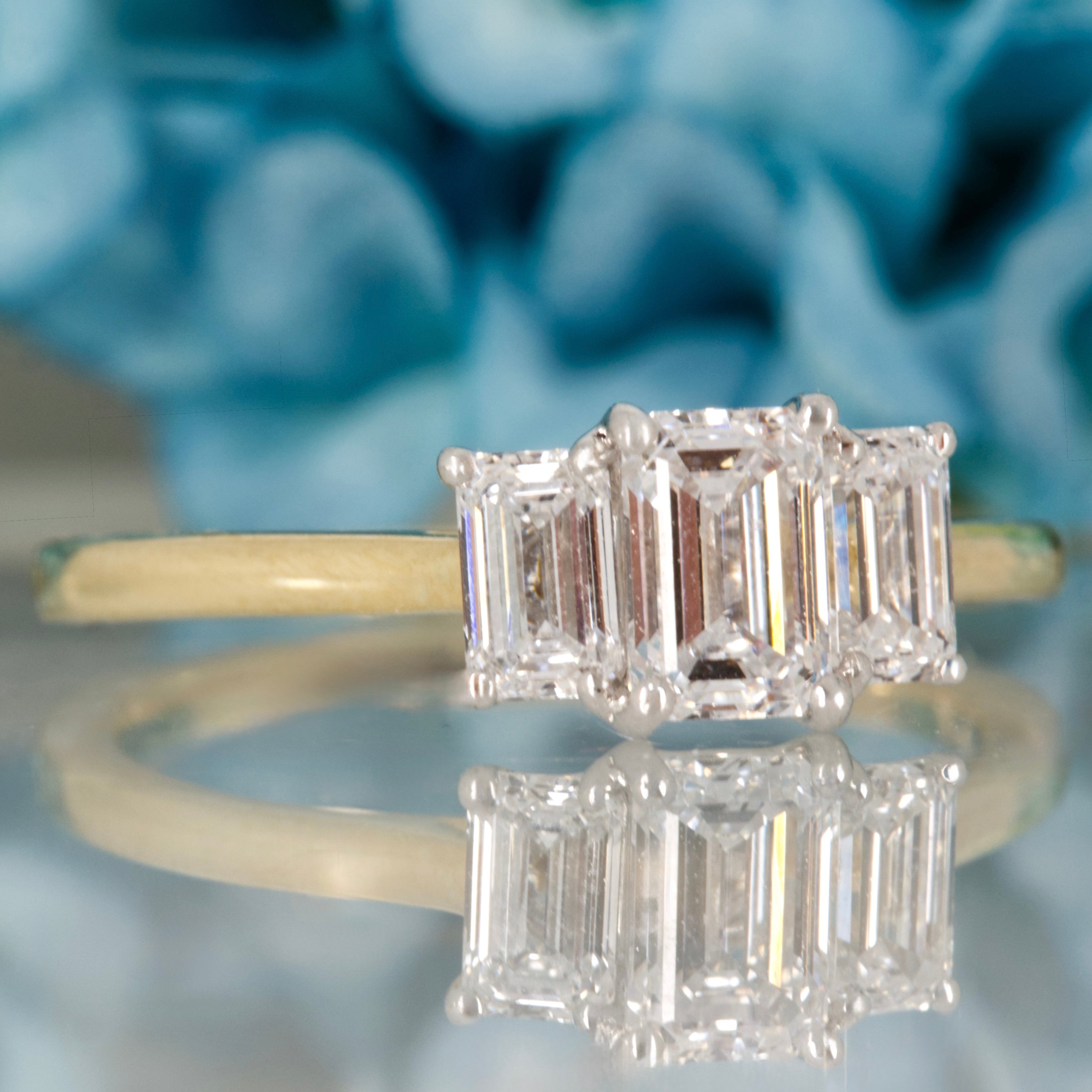 9ct Yellow Gold 1.39ct Emerald Cut Lab Grown Diamond Trilogy Ring