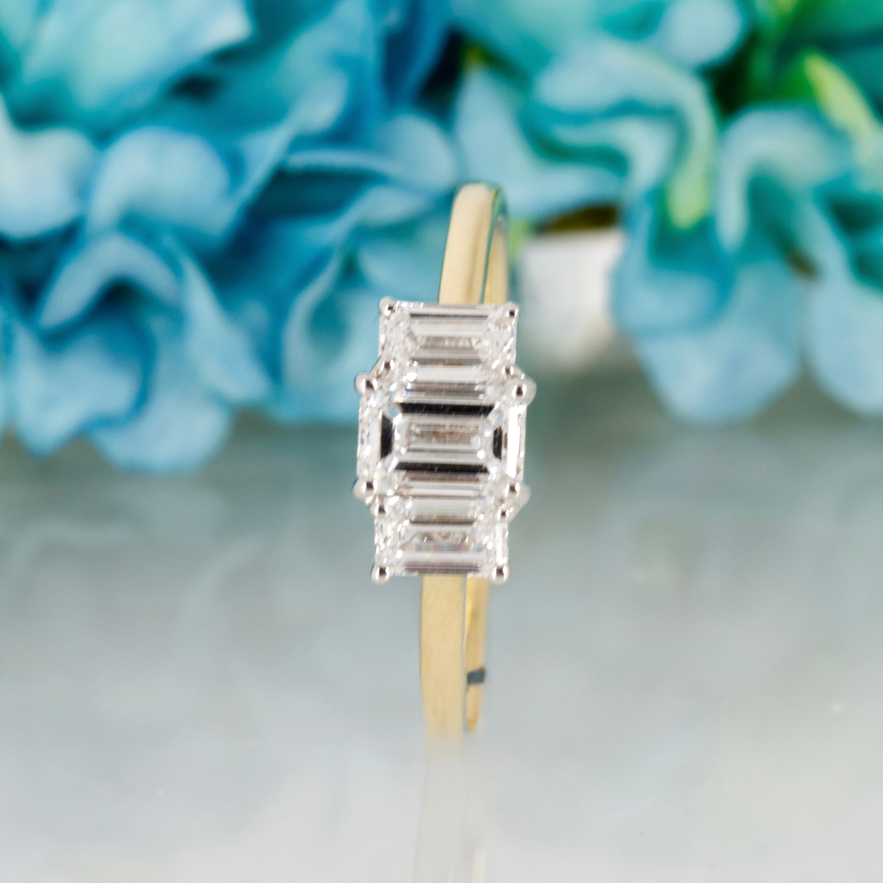9ct Yellow Gold 1.39ct Emerald Cut Lab Grown Diamond Trilogy Ring