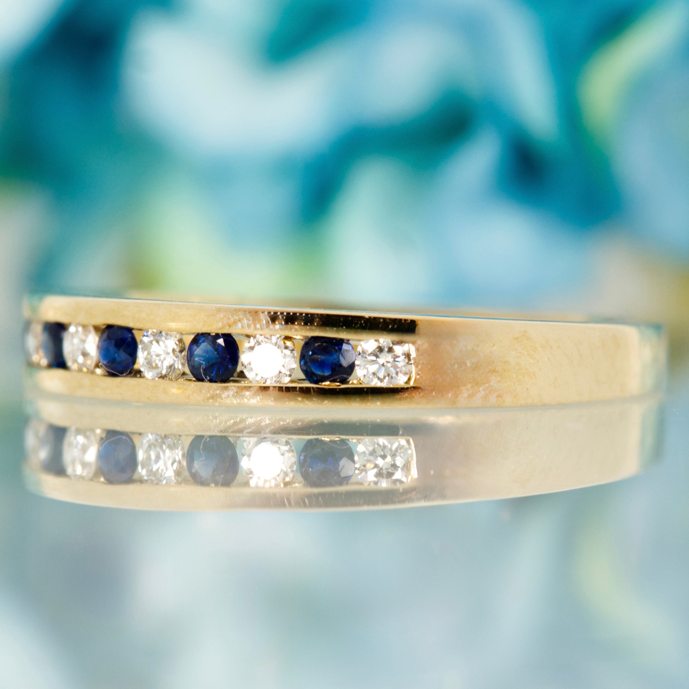 9ct Yellow Gold Round Cut Sapphire & Diamond Channel Set Half Eternity Ring