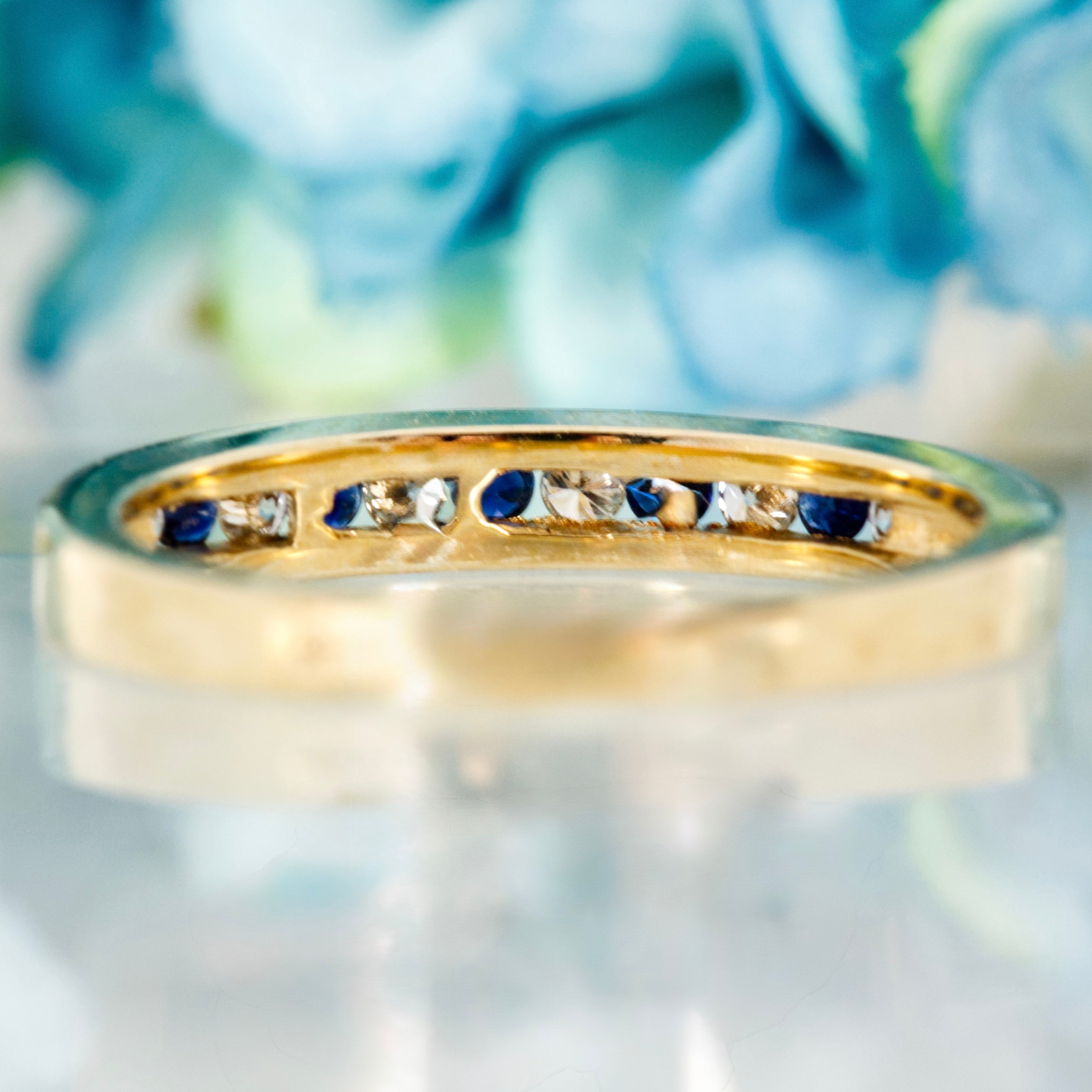 9ct Yellow Gold Round Cut Sapphire & Diamond Channel Set Half Eternity Ring