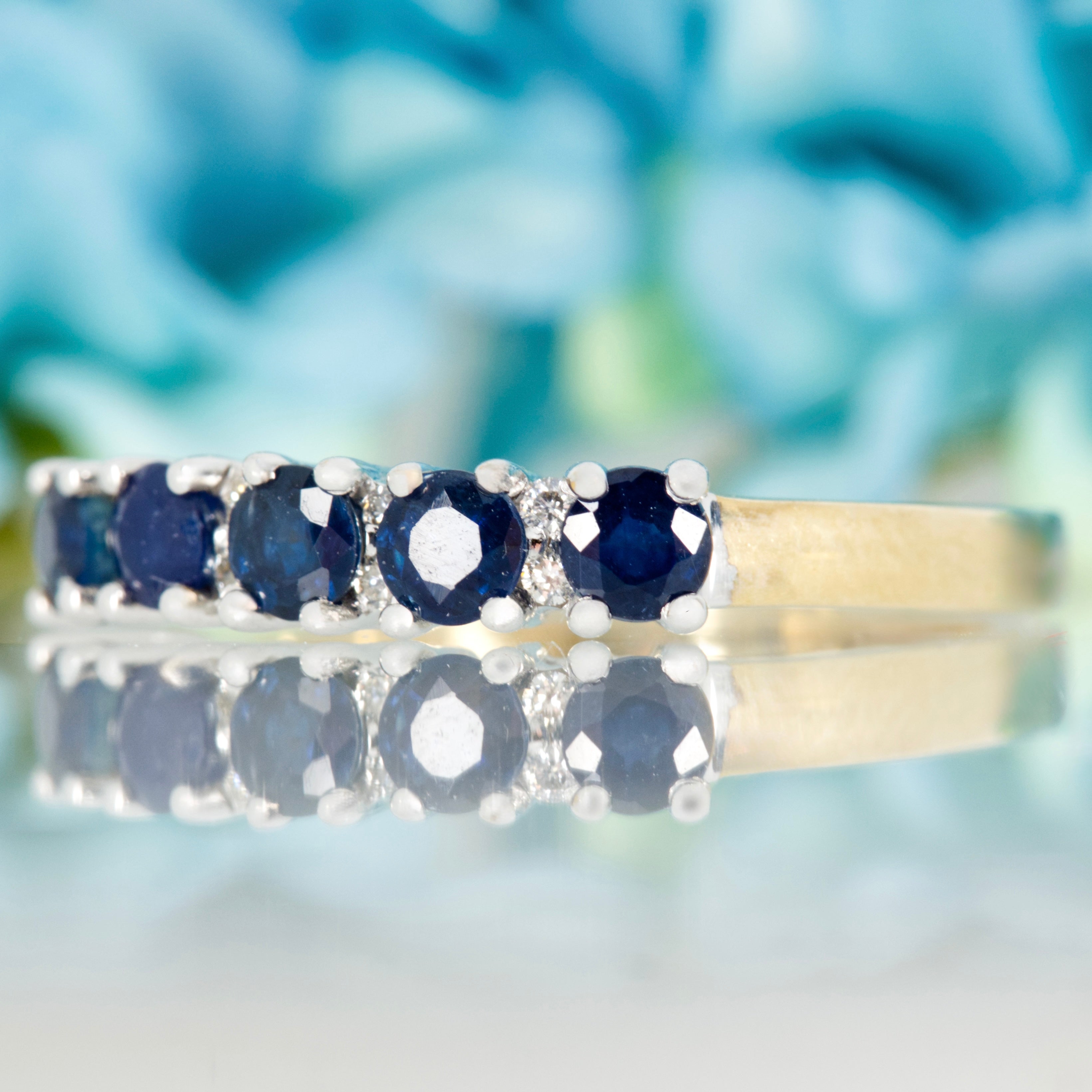 9ct Yellow Gold Round Cut Sapphire & Round Brilliant Cut Diamond Half Eternity Ring