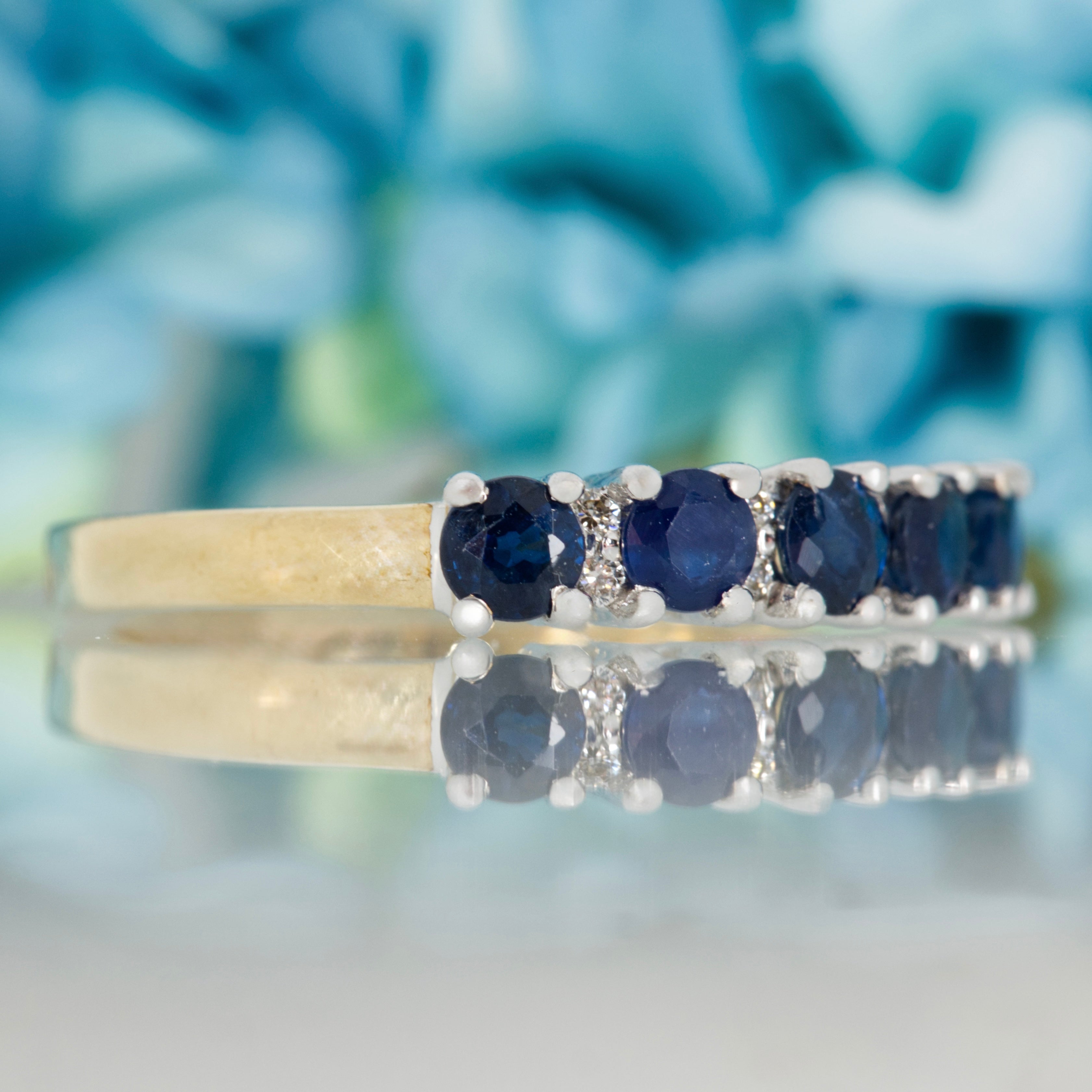 9ct Yellow Gold Round Cut Sapphire & Round Brilliant Cut Diamond Half Eternity Ring