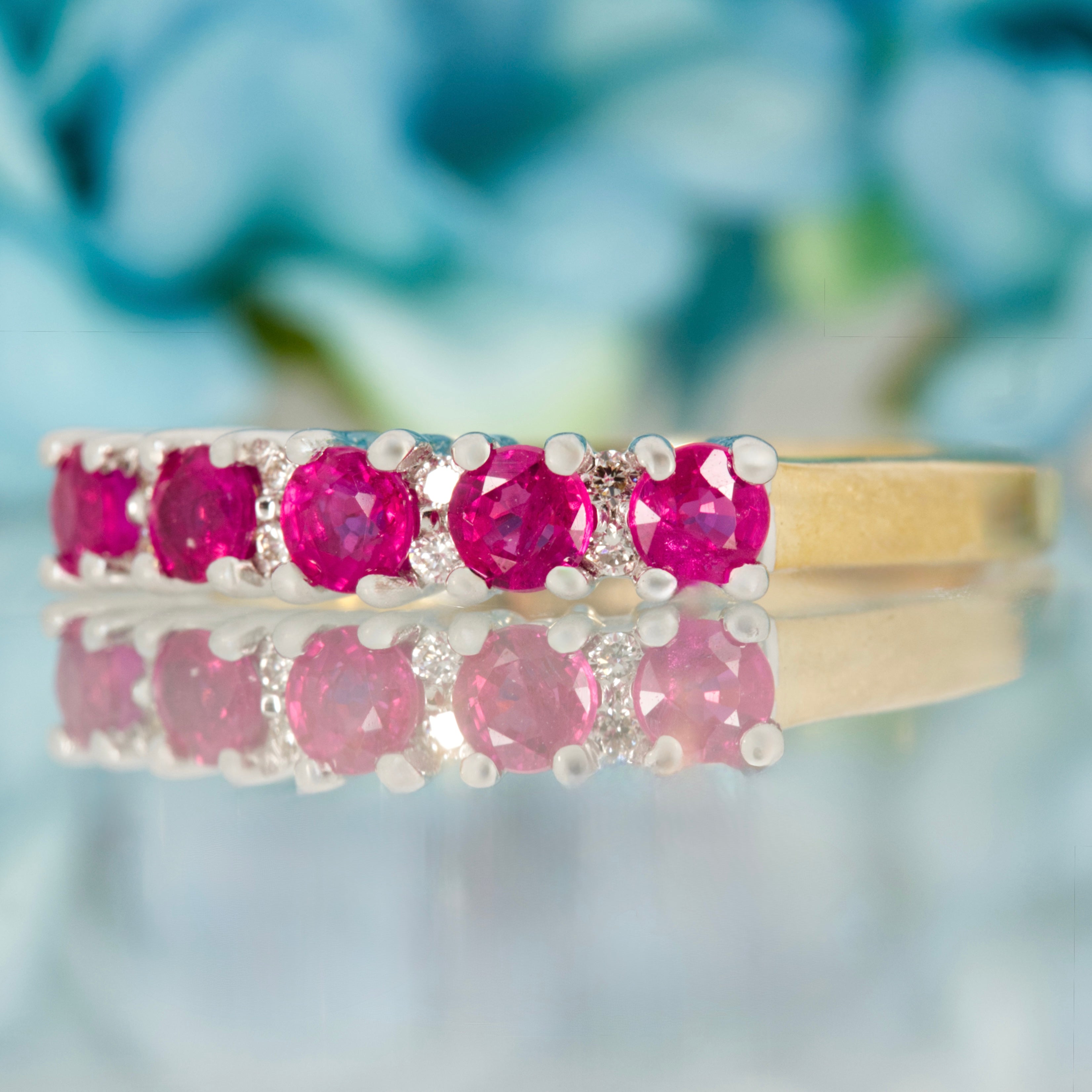 9ct Yellow Gold Round Cut Ruby & Round Brilliant Cut Diamond Half Eternity Ring