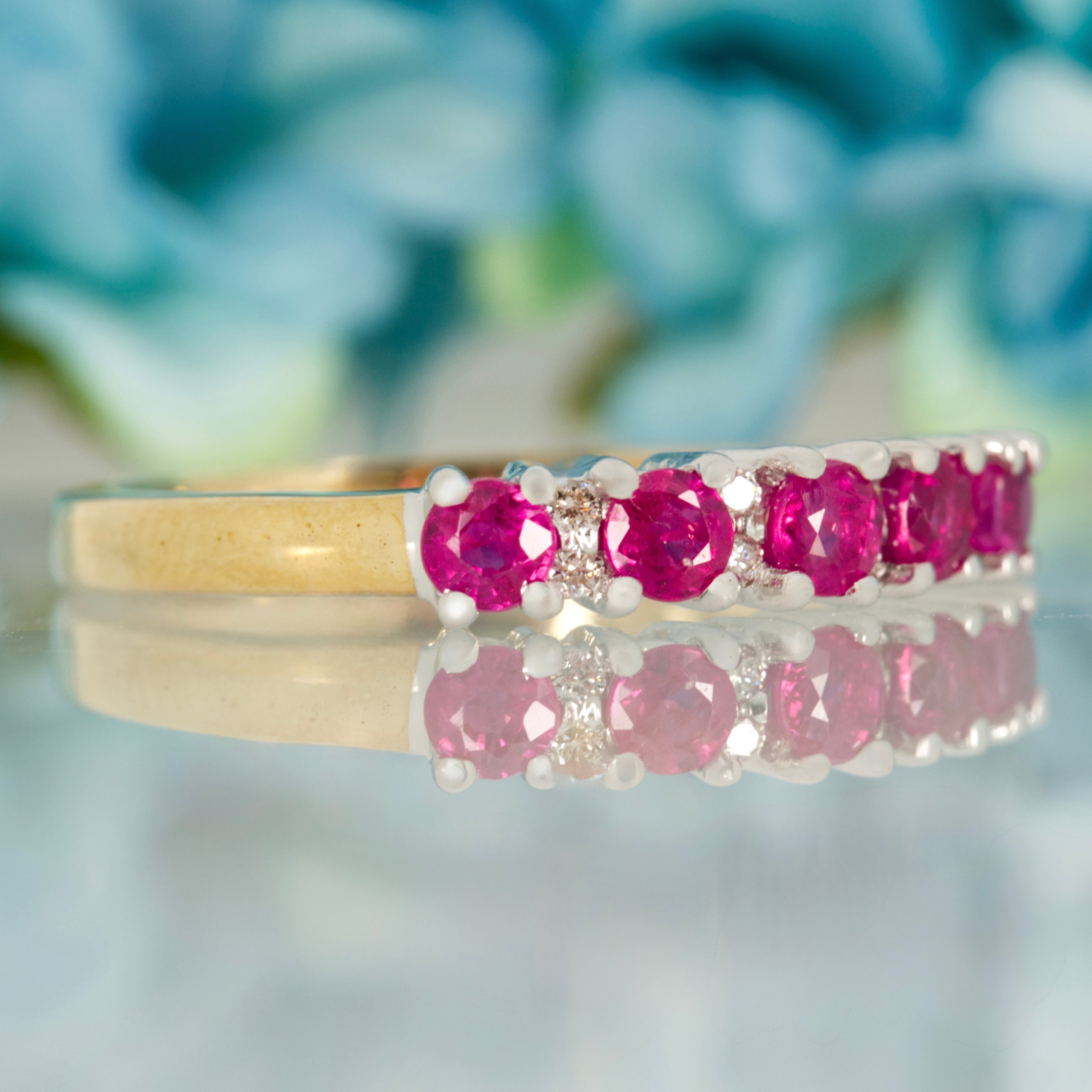 9ct Yellow Gold Round Cut Ruby & Round Brilliant Cut Diamond Half Eternity Ring